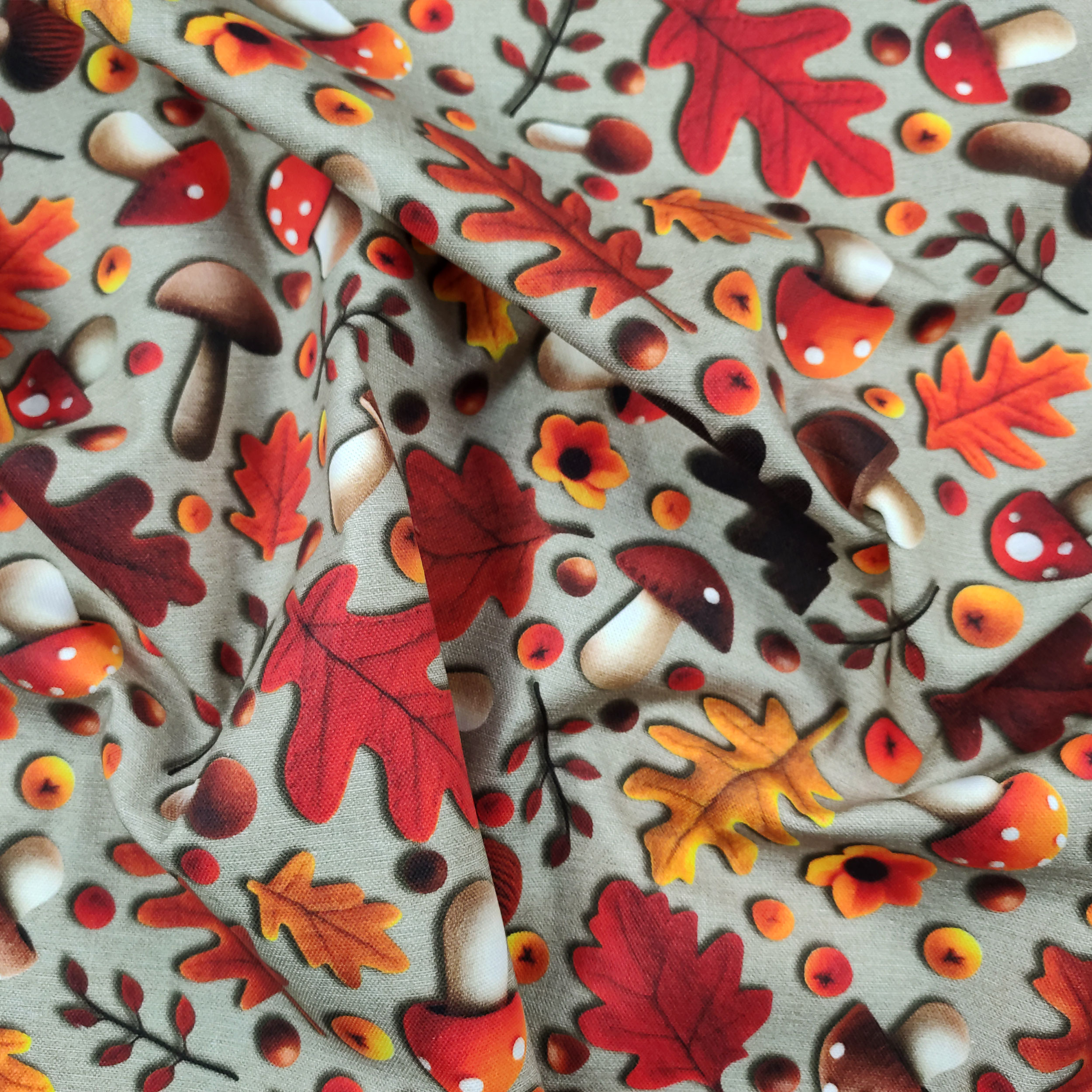 Cutout Panama Cotton Mushrooms and Autumn Leaves 50x140 cm Image