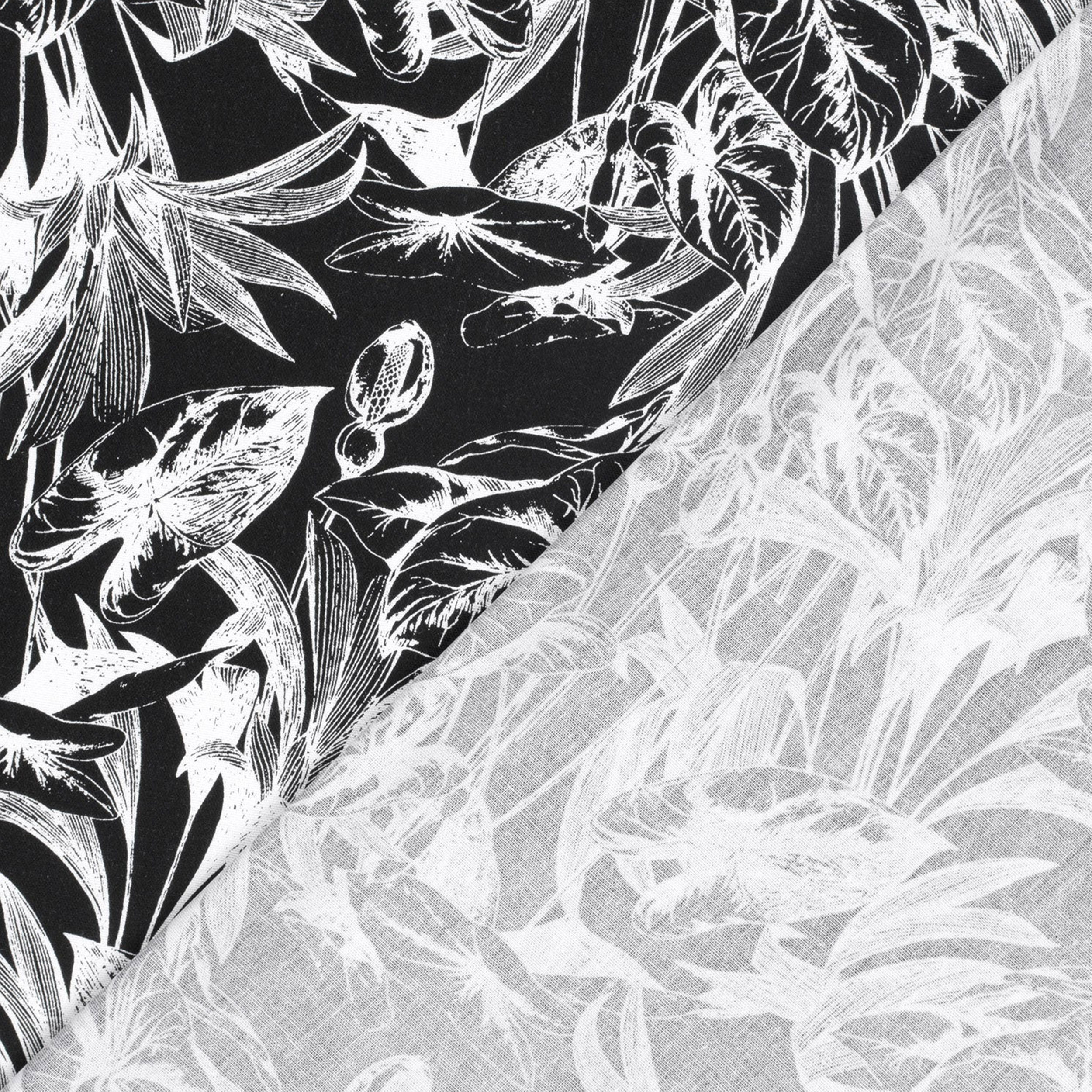 Mezcla de lino con hojas tropicales en blanco y negro