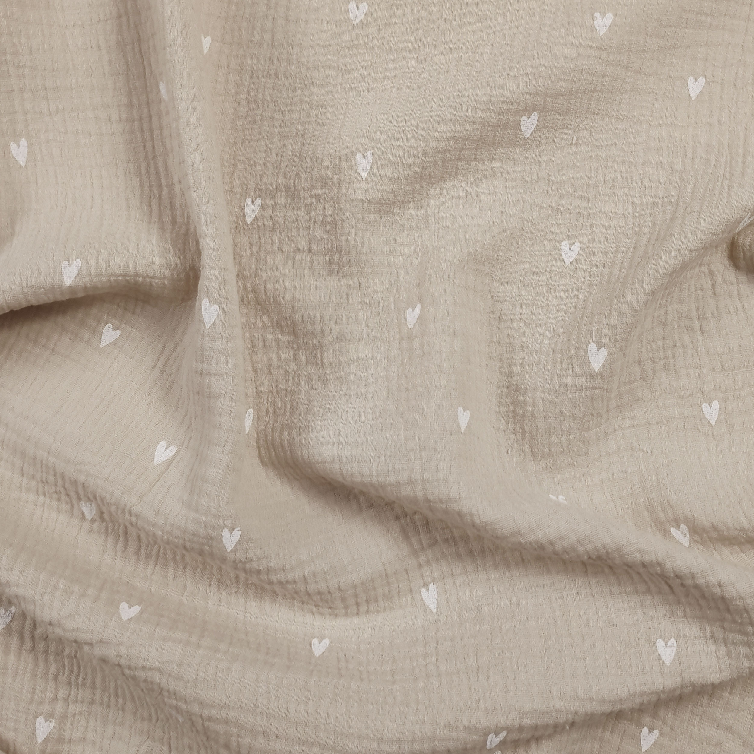 Baumwolle Musselin Beige Weiß Herzen