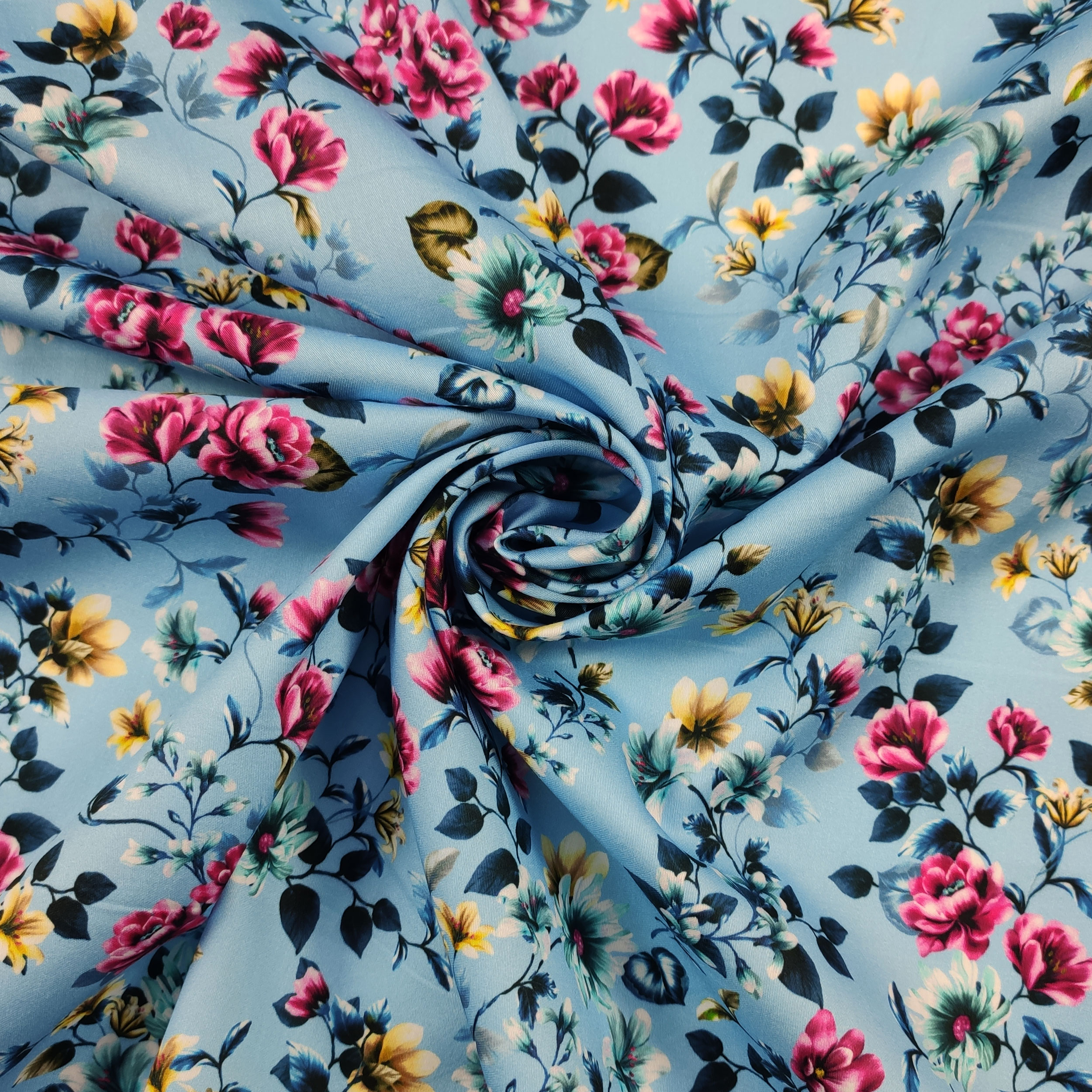 Cotton Rasatello Blue Background with Flowers Image