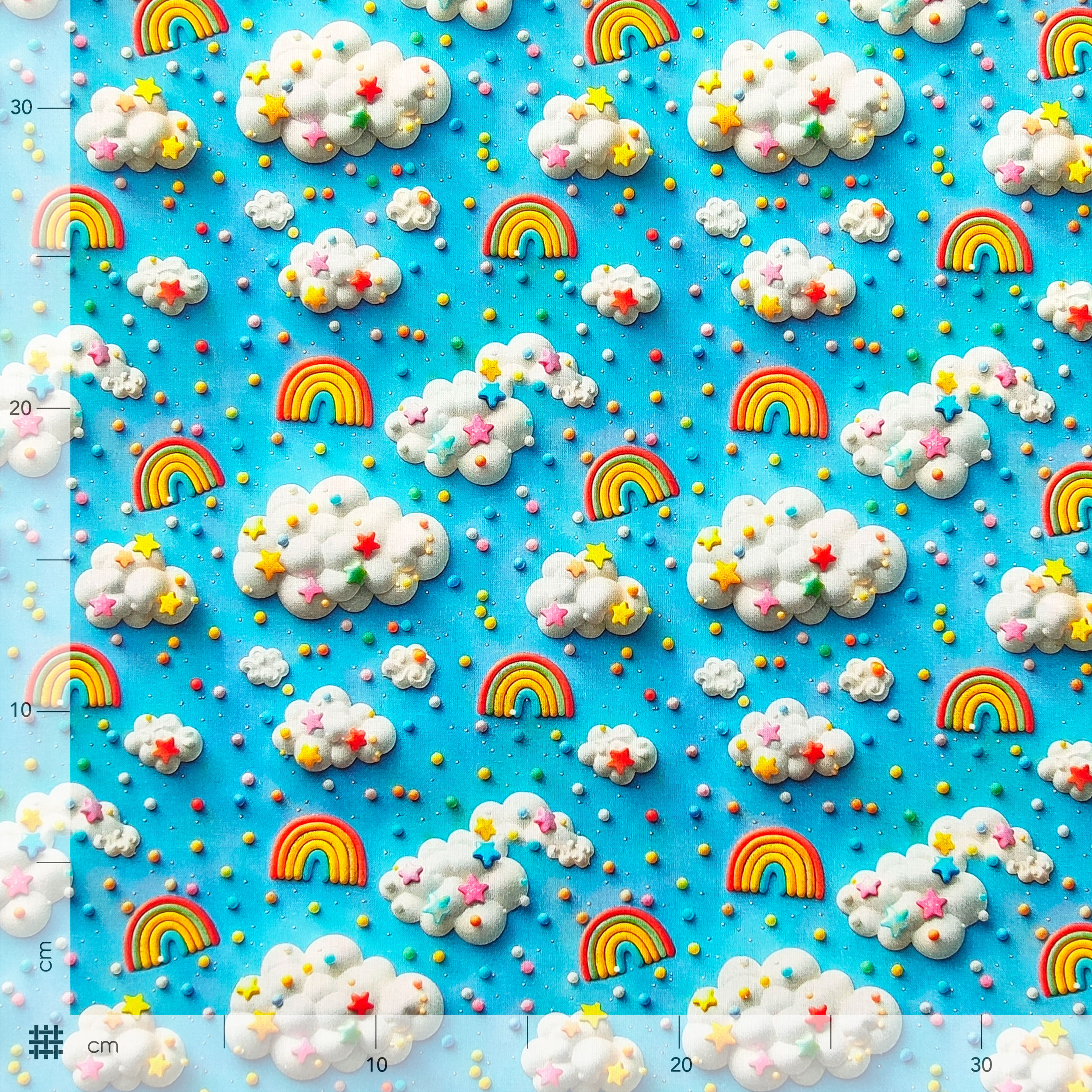 Cotton Digital Rainbows and Clouds Blue Background