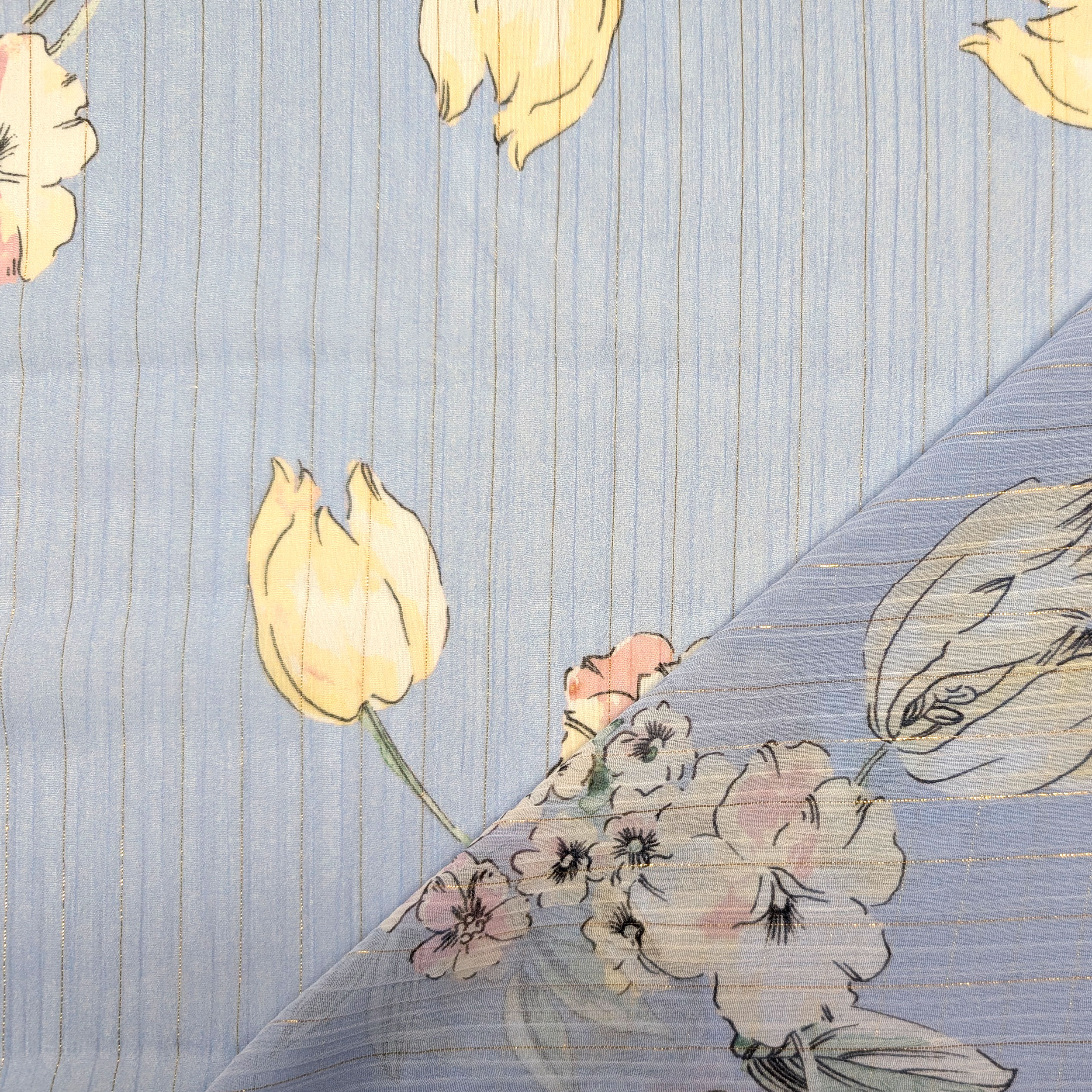 Chiffon Lurex Flowers and Stripes Light blue background Image