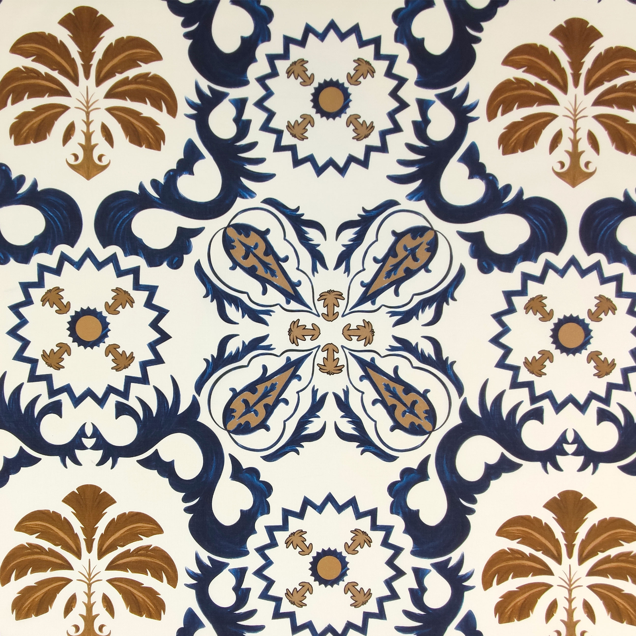 Tela de algodón Arabesc Flores azules y doradas
