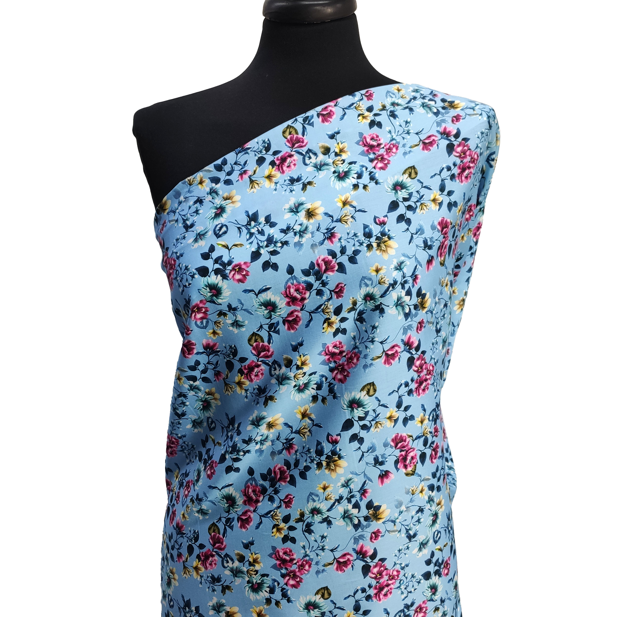 Algodón Rasatello Fondo Azul con Flores