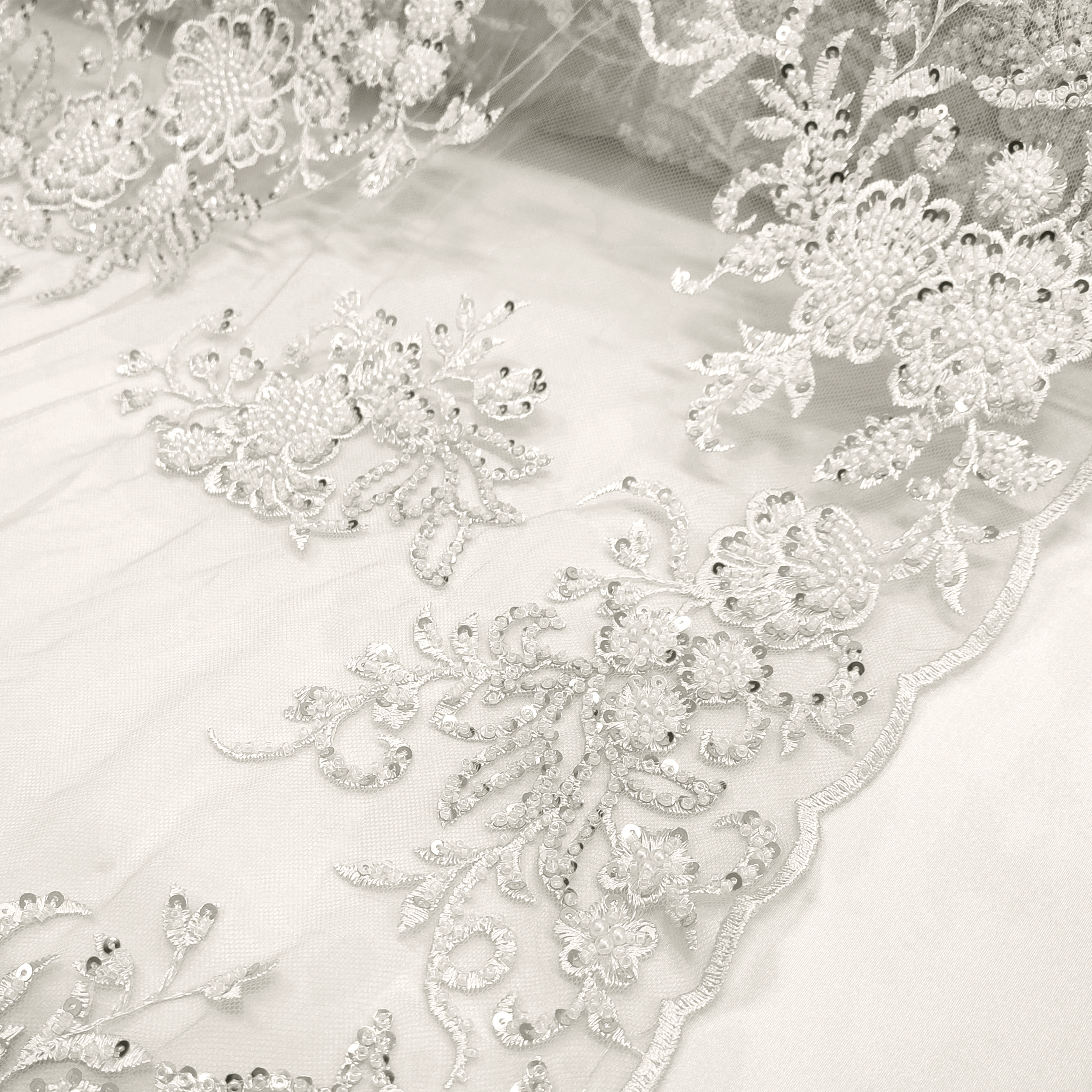 Floral Double Edge Beaded Tulle Lace - White  Image