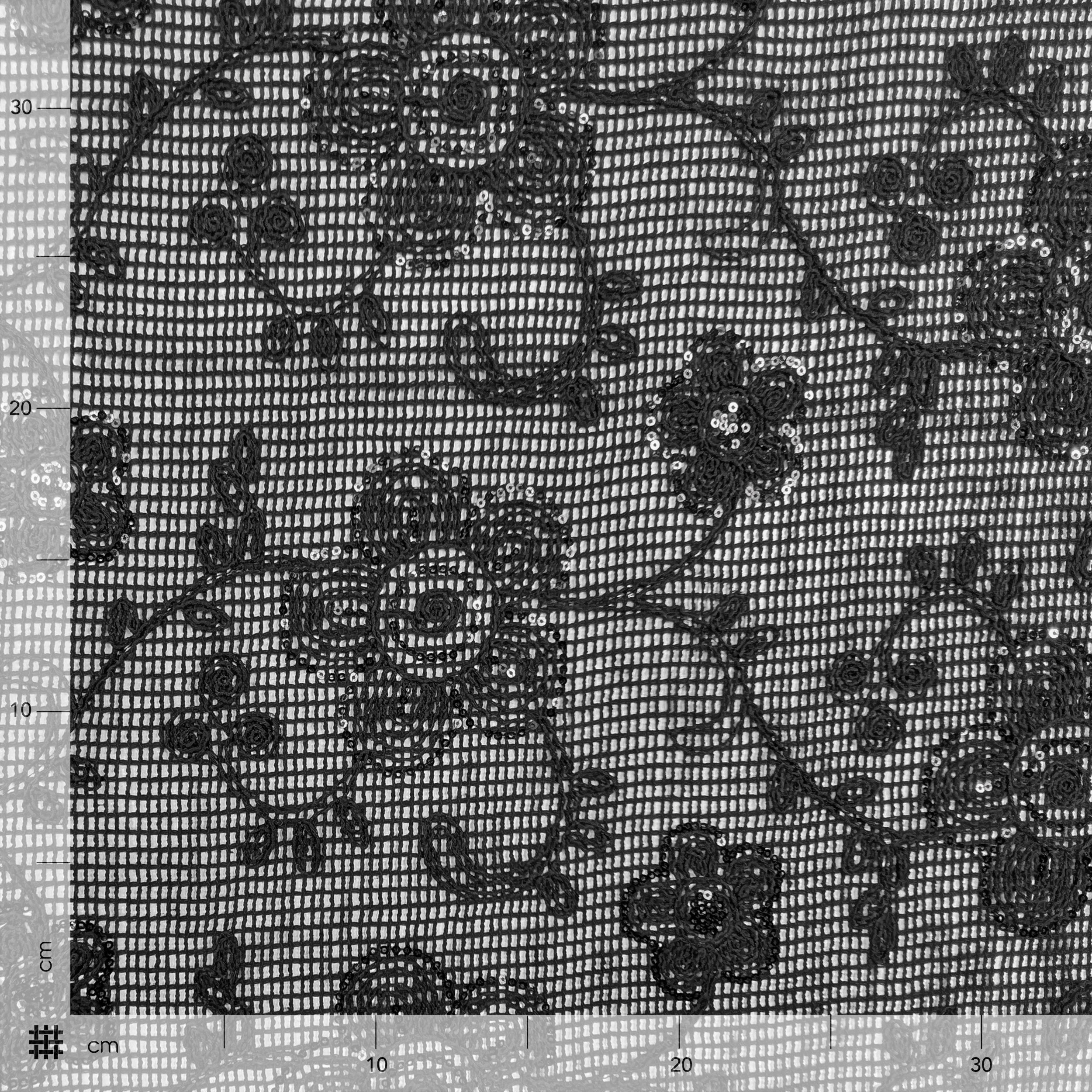 Embroidery On Black Mesh Flowers With Sequins Image