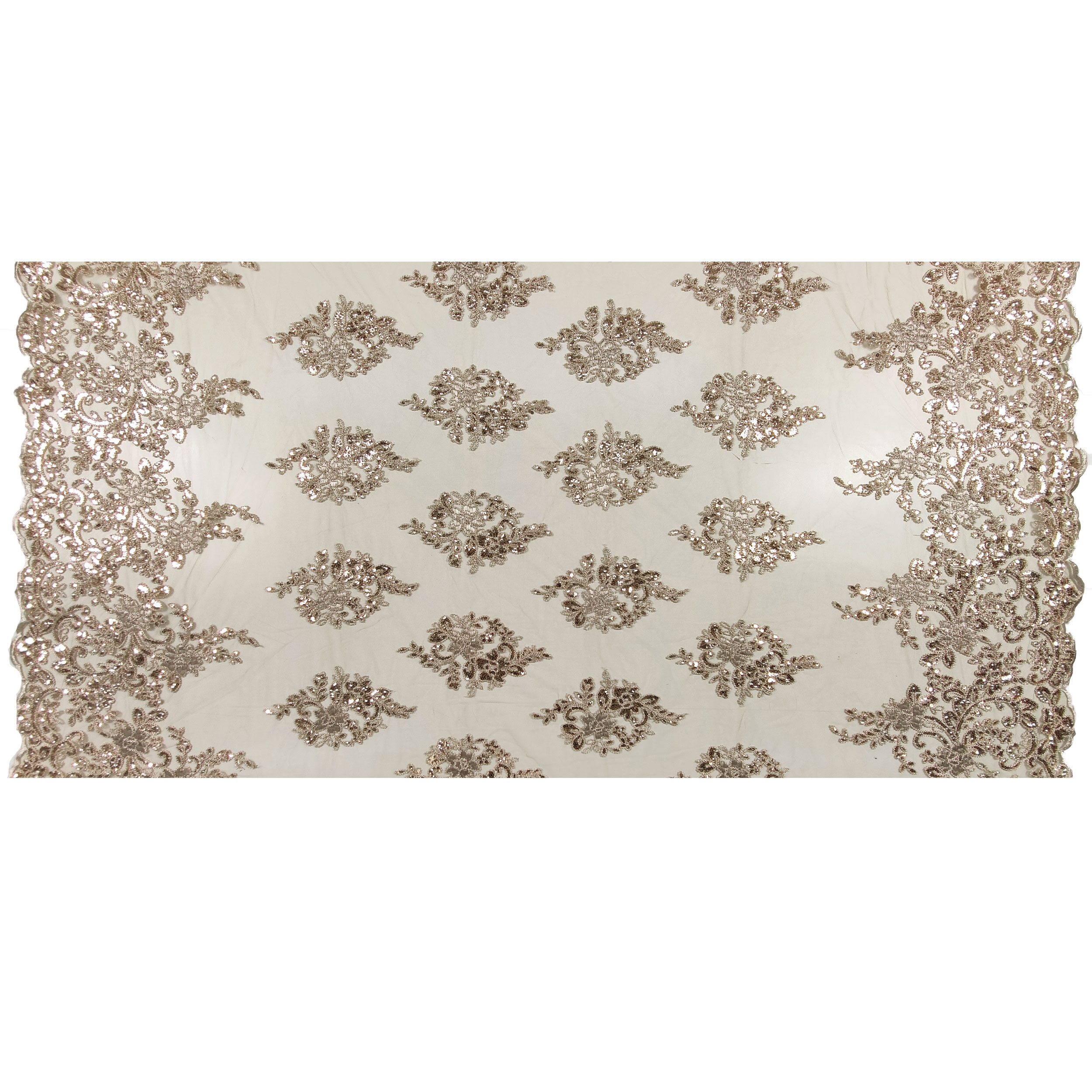 Tissu Tulle Broderie Paillettes Double Feston Beige
