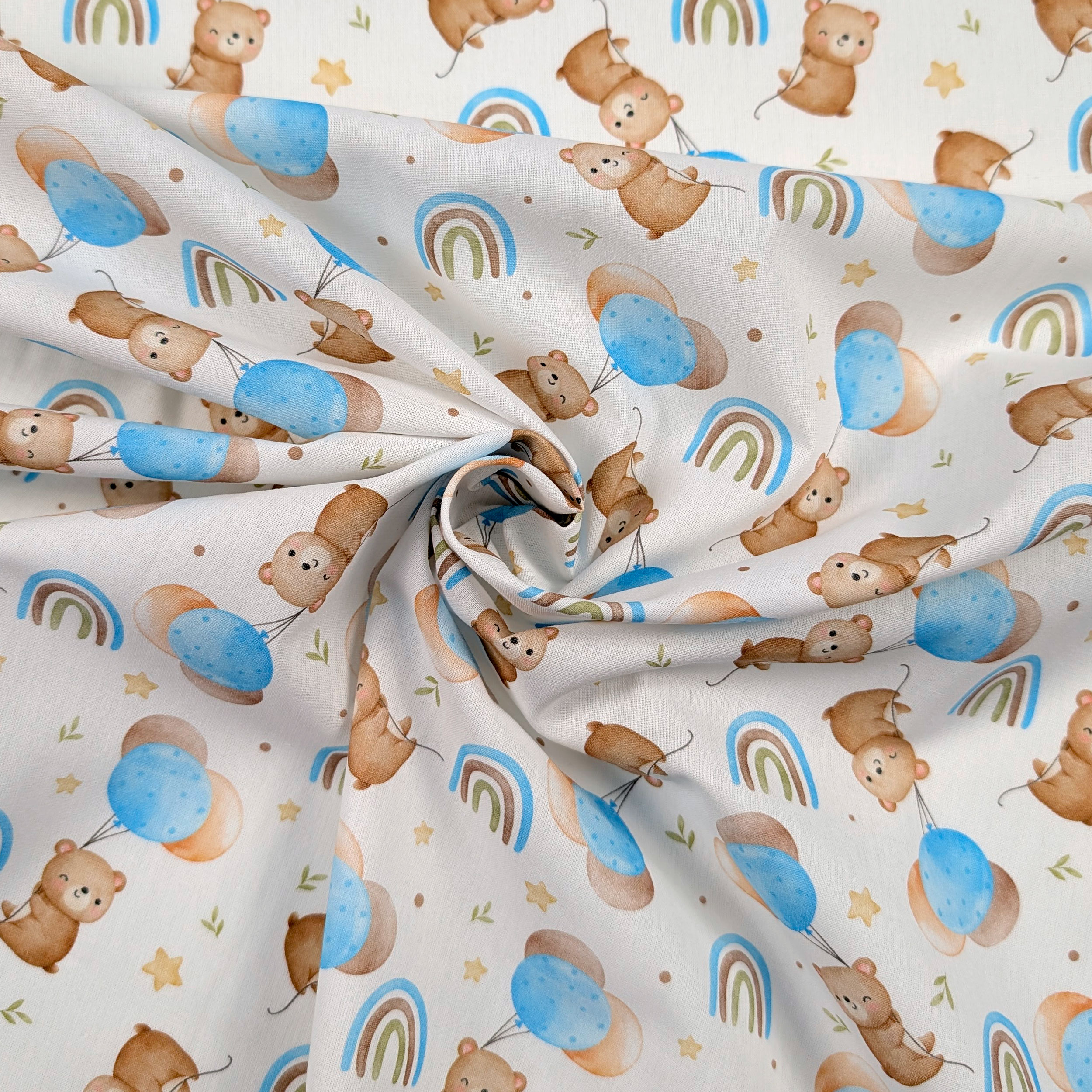 Light Blue Percale Cotton with Bears and Balloons Image
