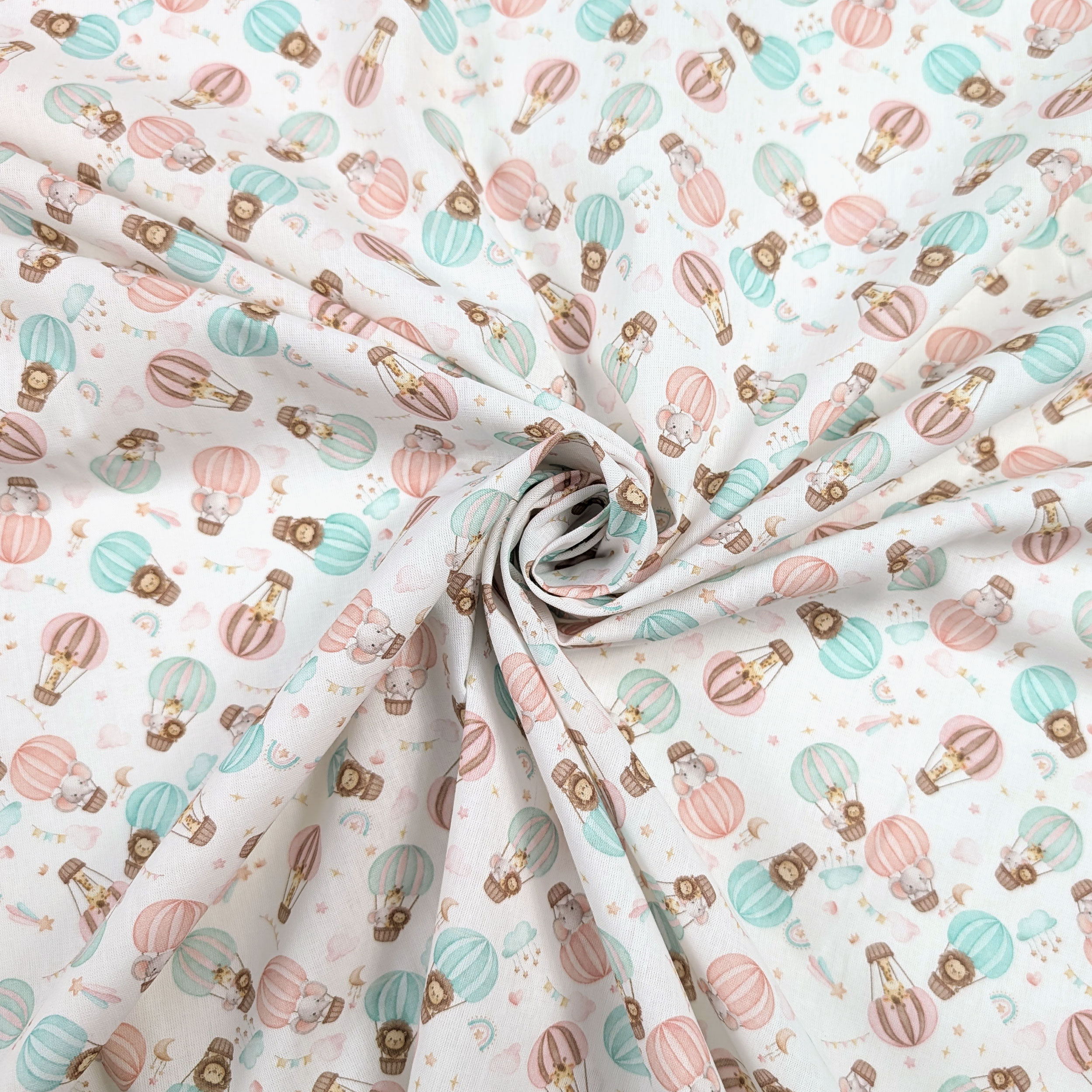 Percale Cotton with Animals on Hot-Air Balloons Image