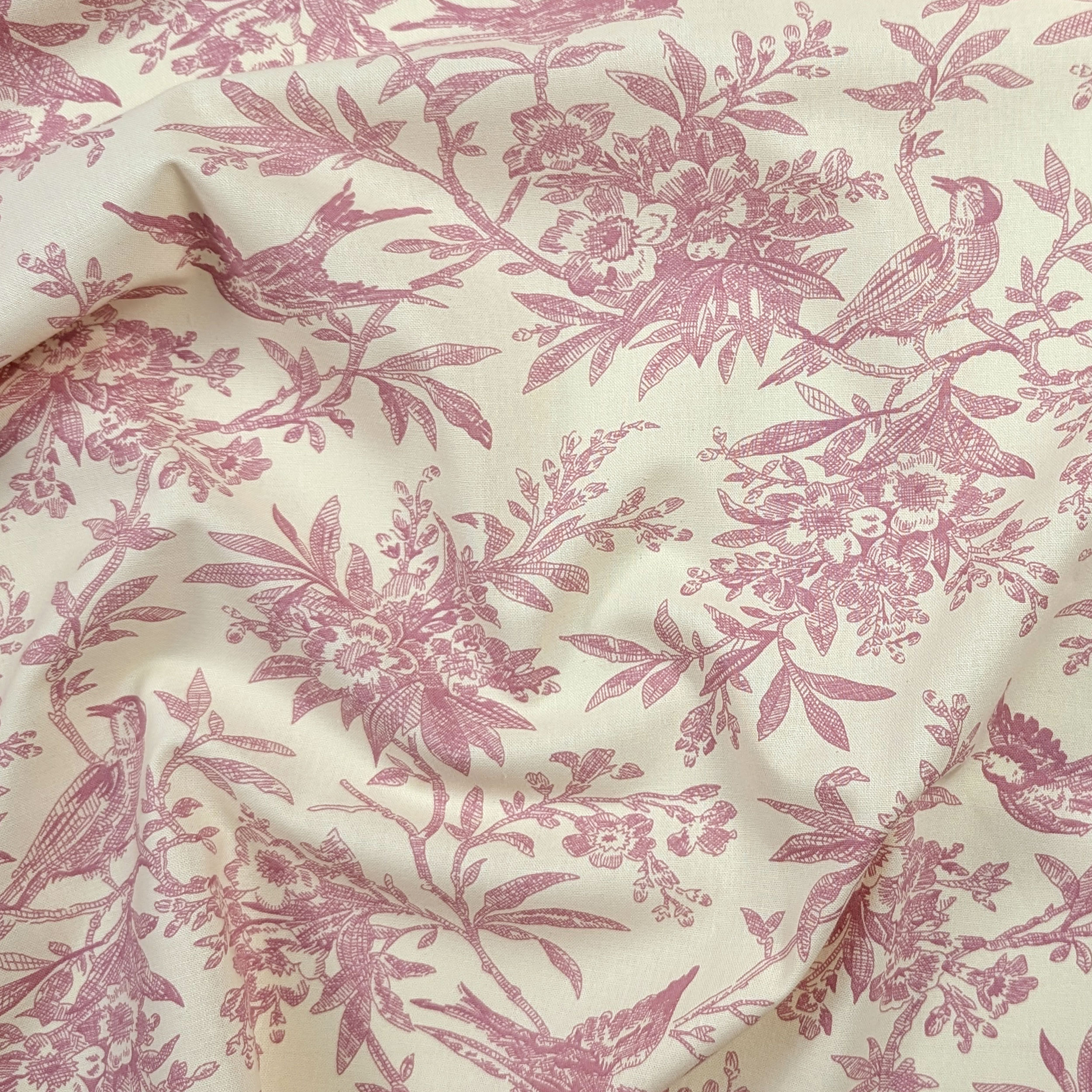 Vintage-print cotton poplin with pink birds and branches Image