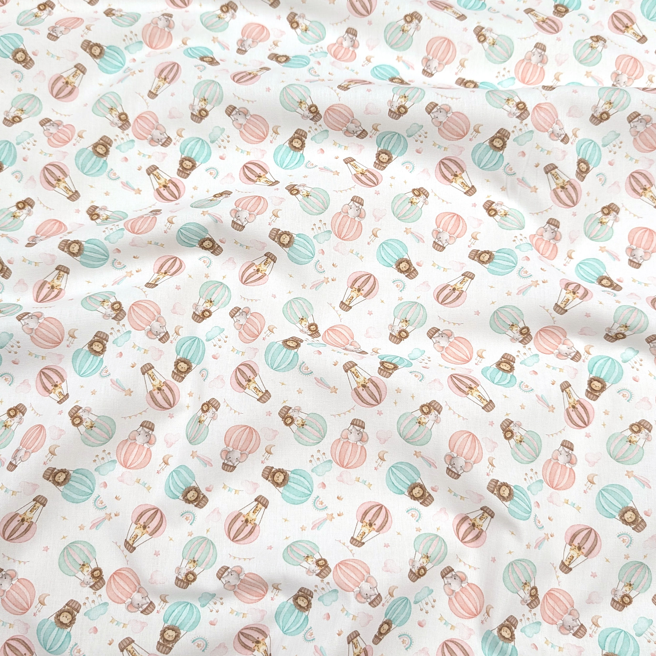 Percale Cotton with Animals on Hot-Air Balloons Image