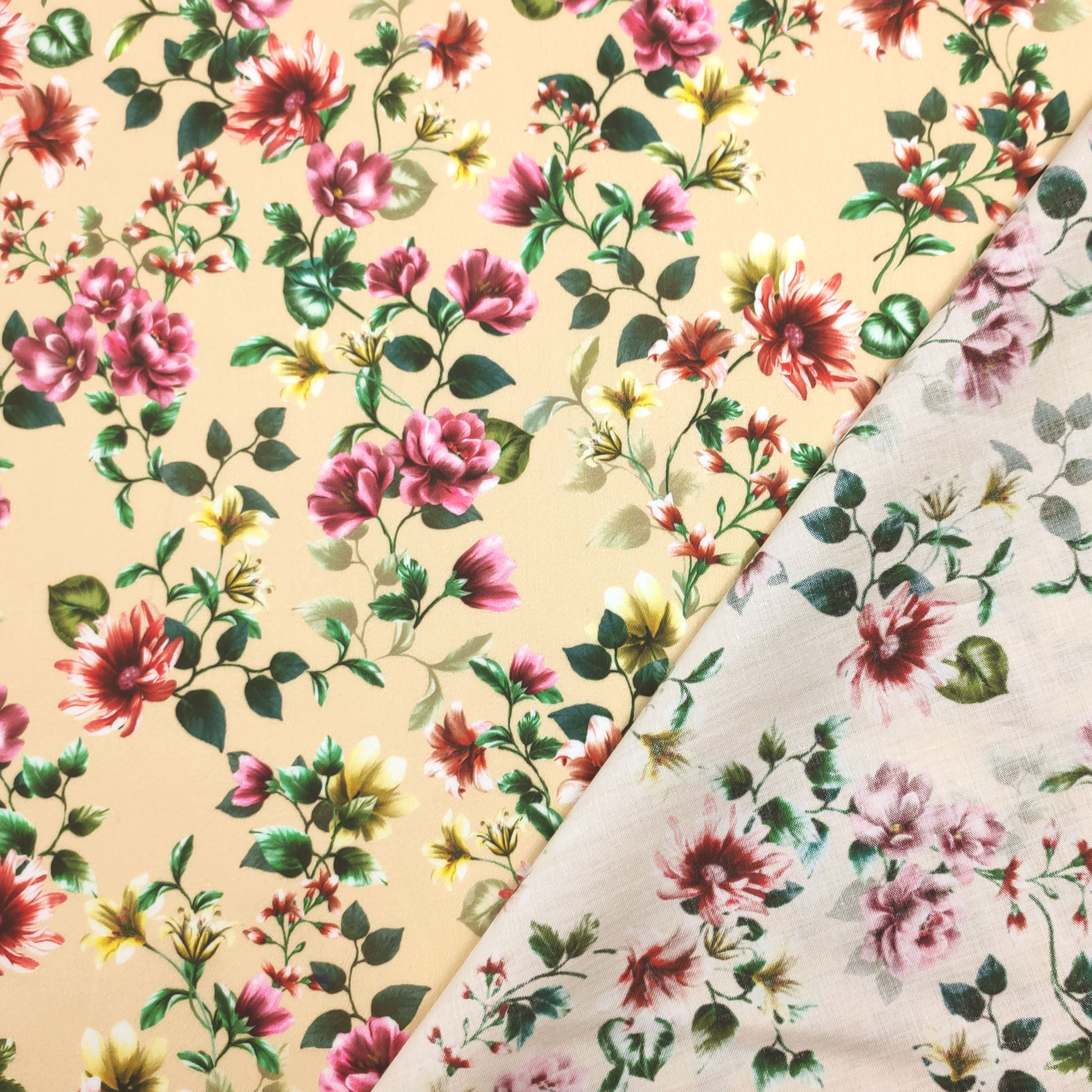 Cotton Rasatello Beige Background with Flowers