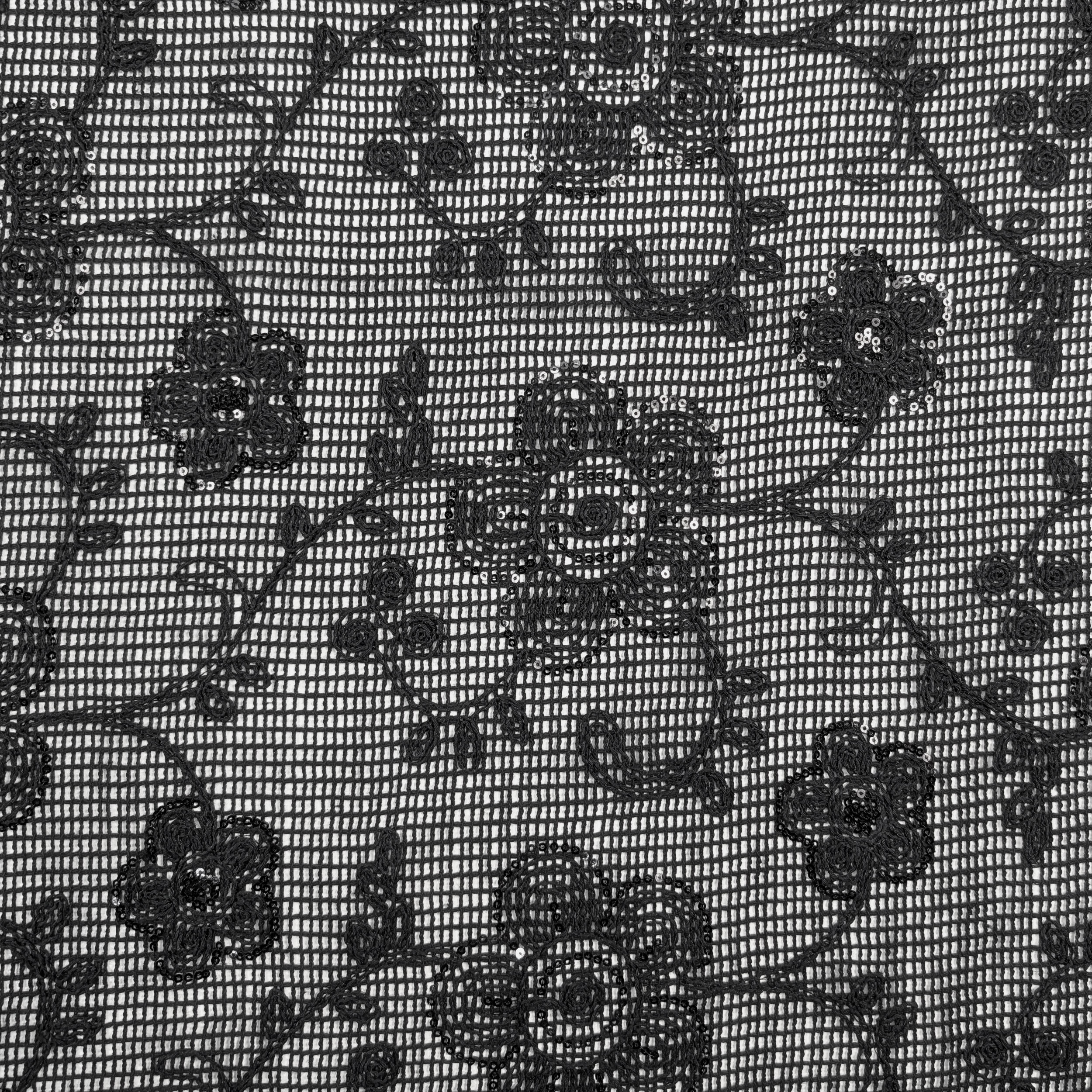 Embroidery On Black Mesh Flowers With Sequins Image