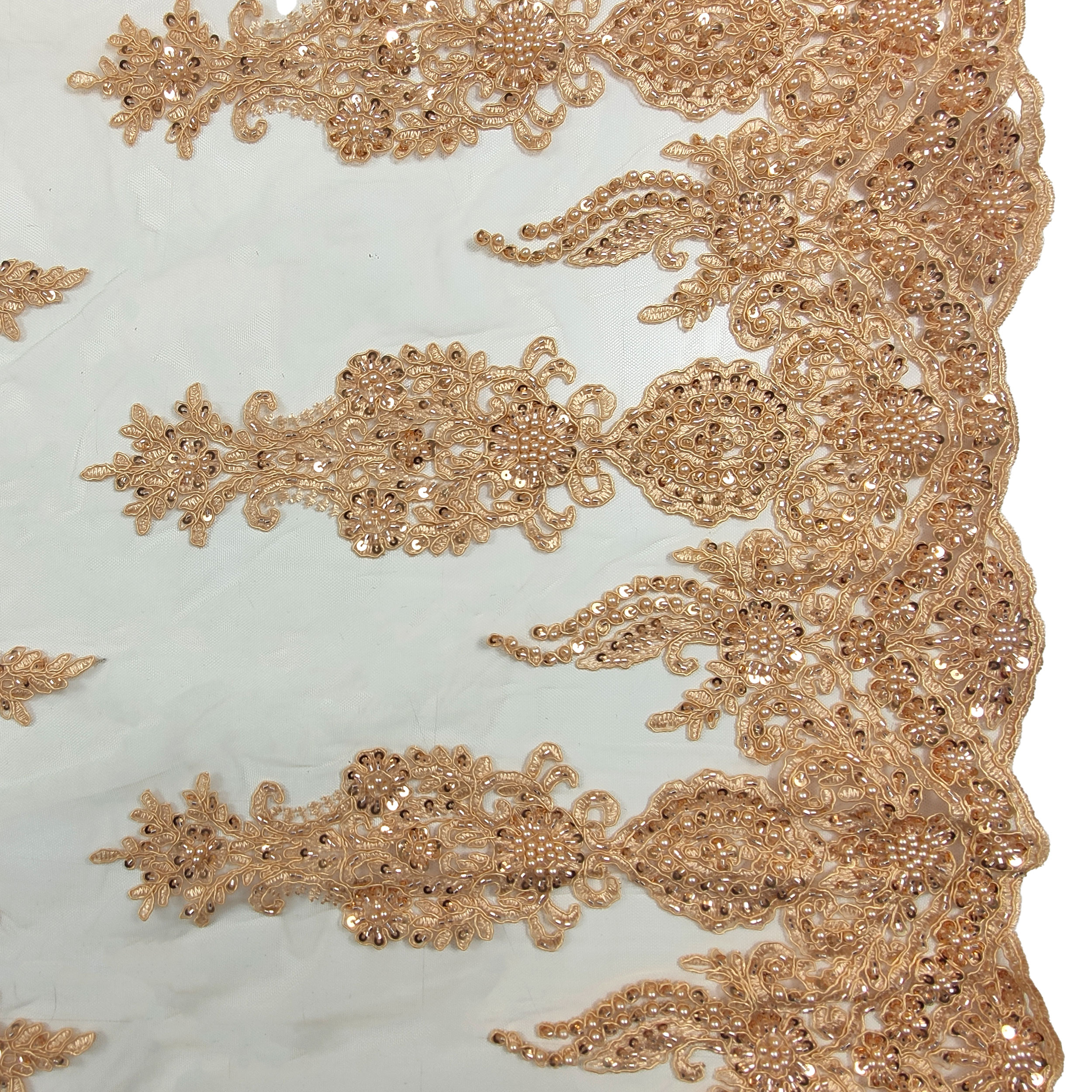 High Fashion Beaded Double Edge Floral Lace - Gold