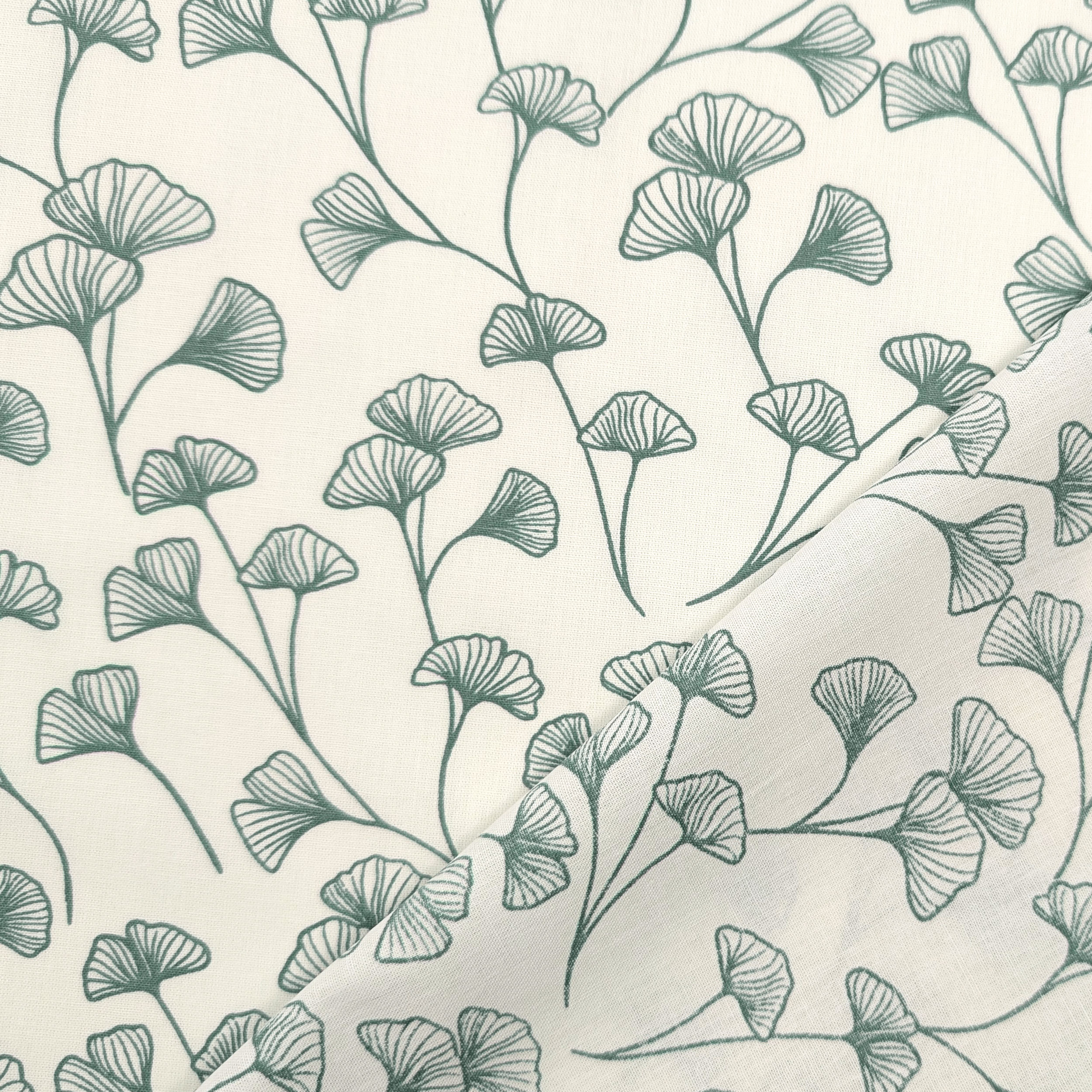 Poplin Cotton Leaves Background Green Grey Image