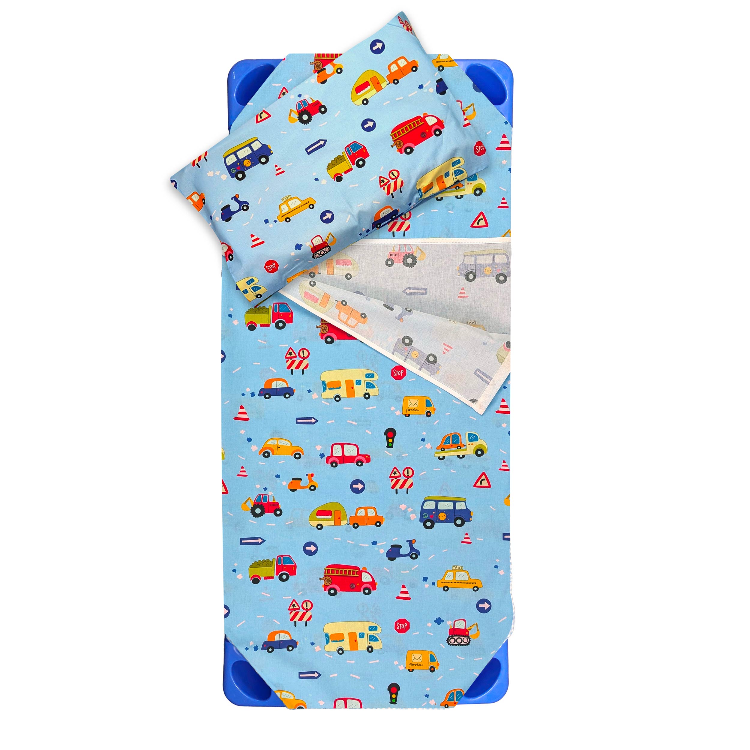 Contoured Summer Sleeping Bag for Camp Beds and Toy Cars – Light Blue Background Image
