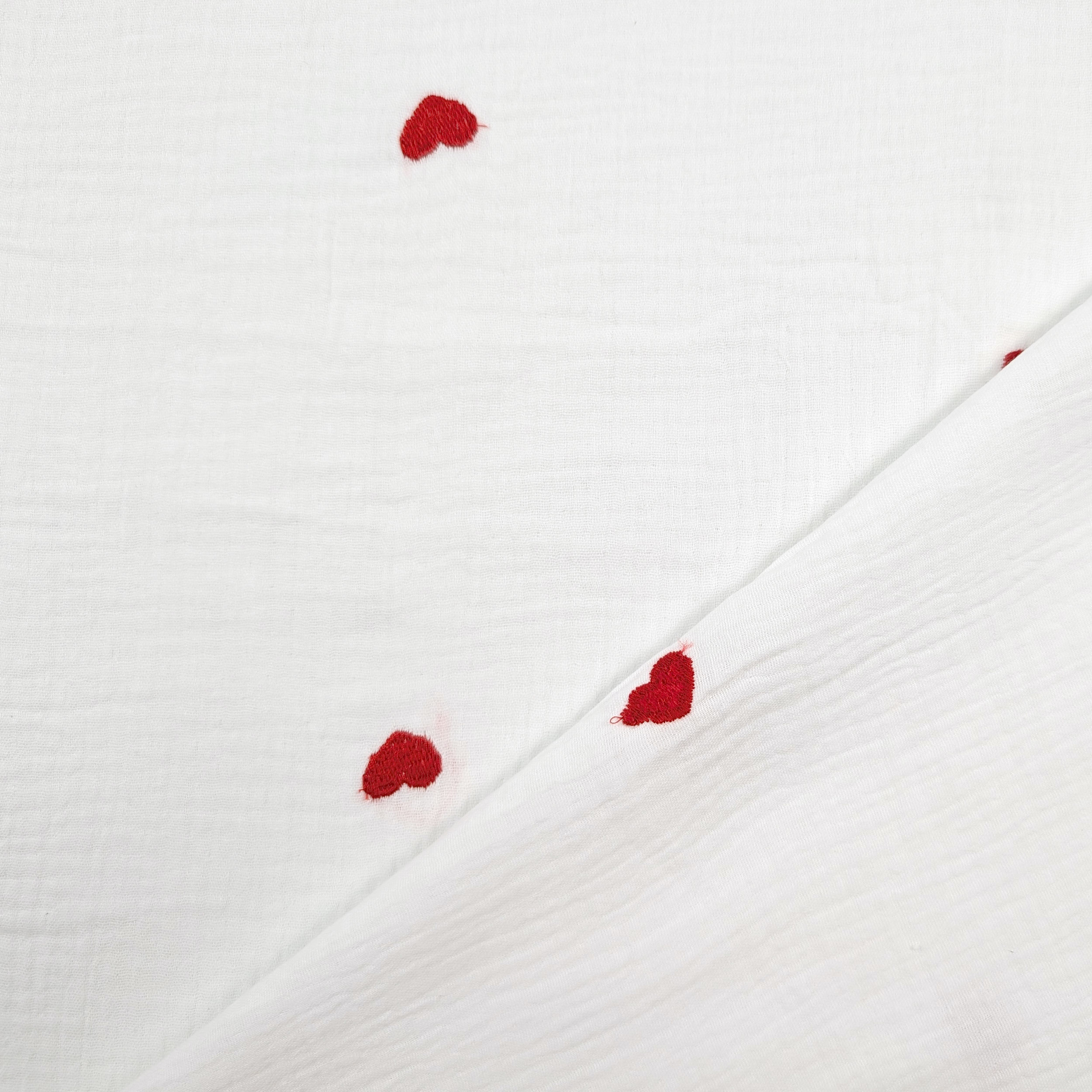 Double Gauze Cotton Muslin Red Embroidered Hearts Image