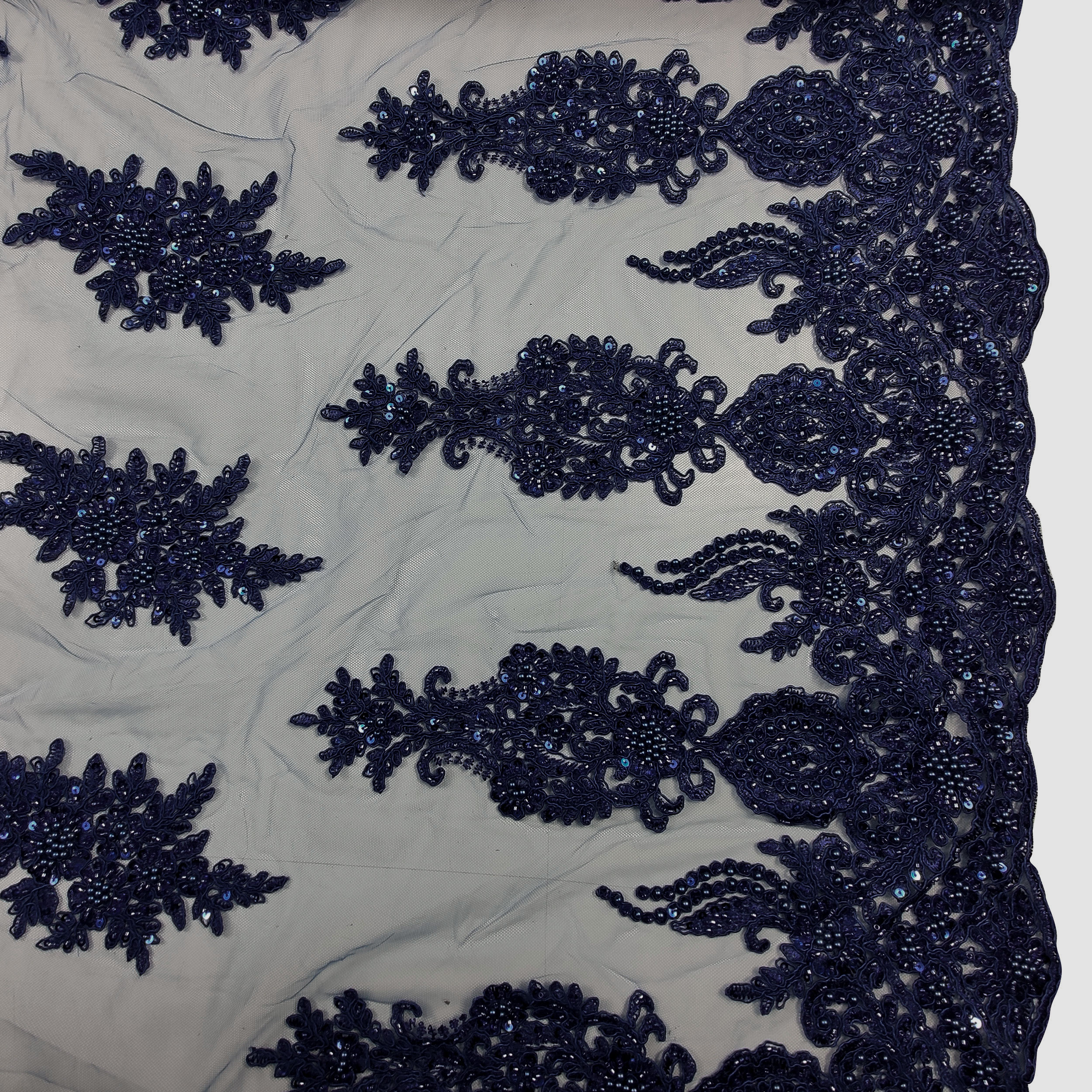 High Fashion Beaded Double Edge Floral Lace - Blue