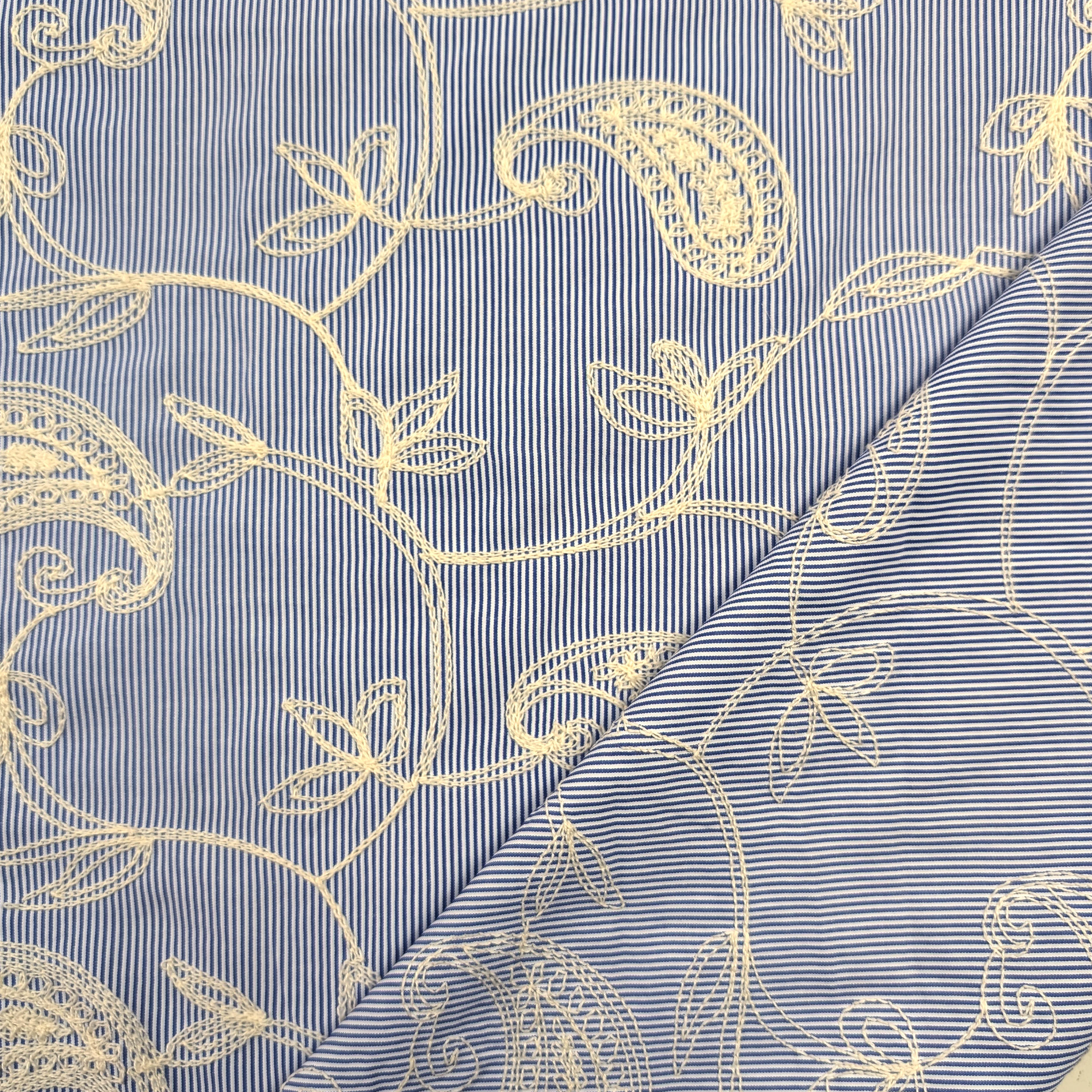 Blue Fine-Striped Cotton with Embroidered Leaves Image