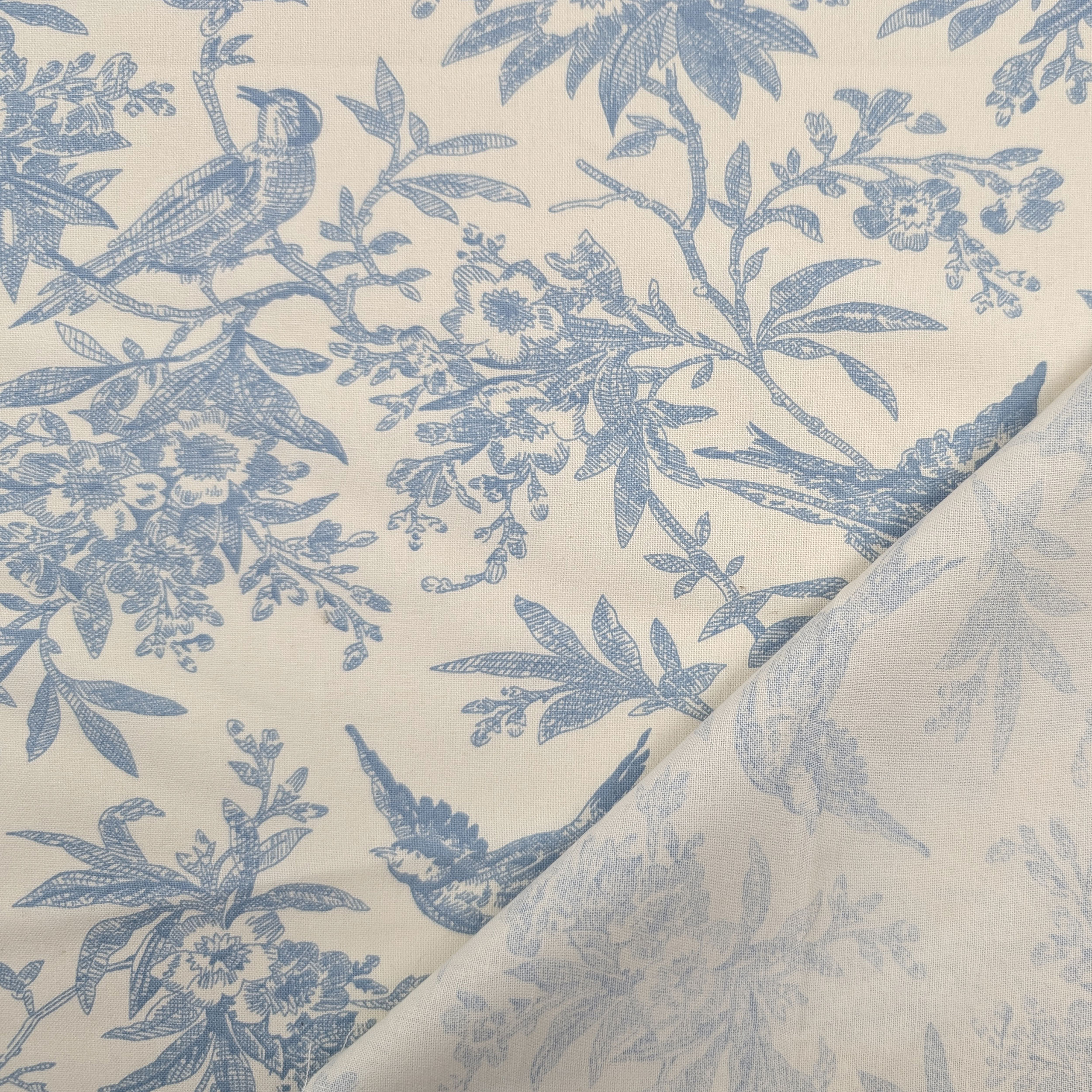 Vintage-print cotton poplin with little birds and branches in light blue Image