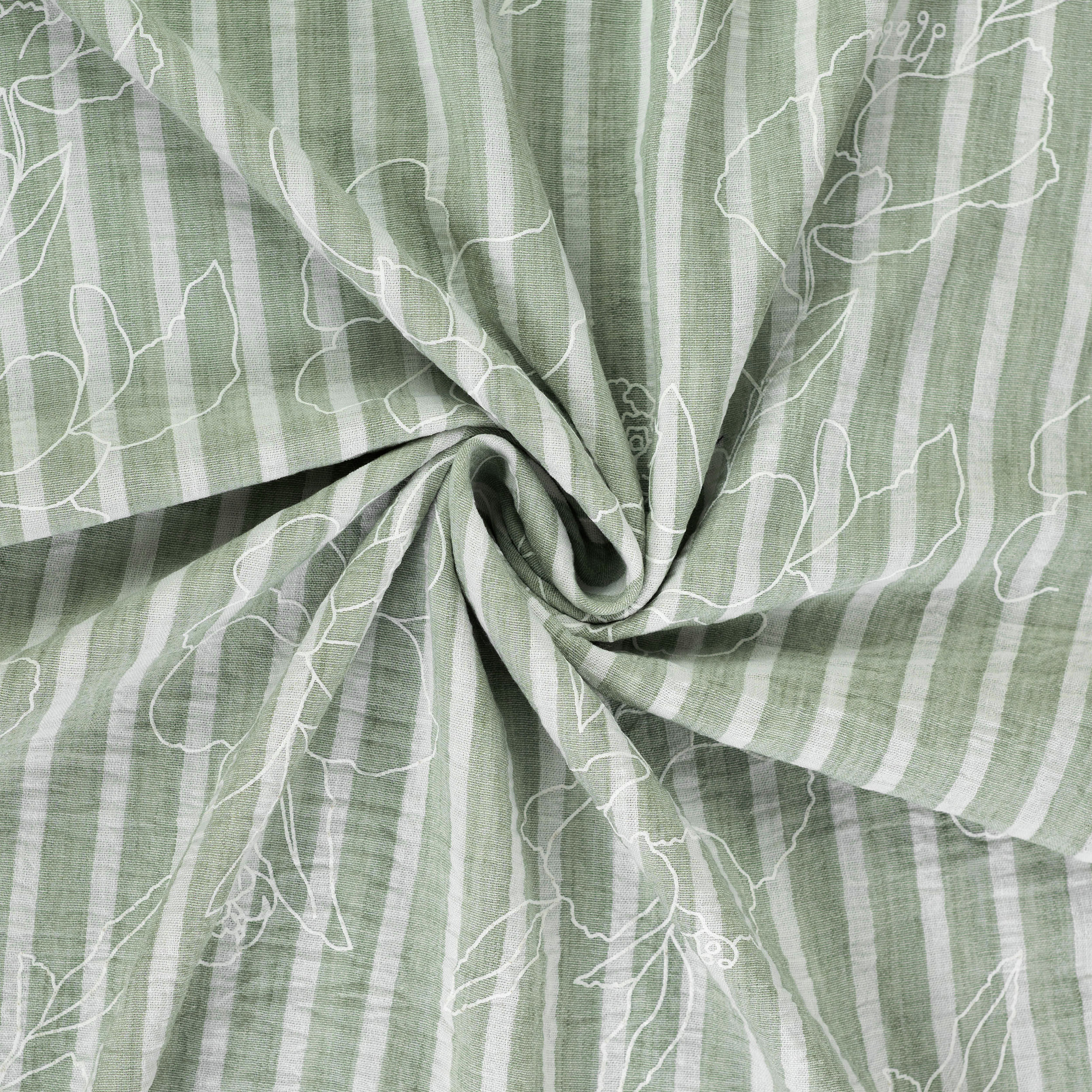 Mixed Linen Green and White Stripes with Flowers Image