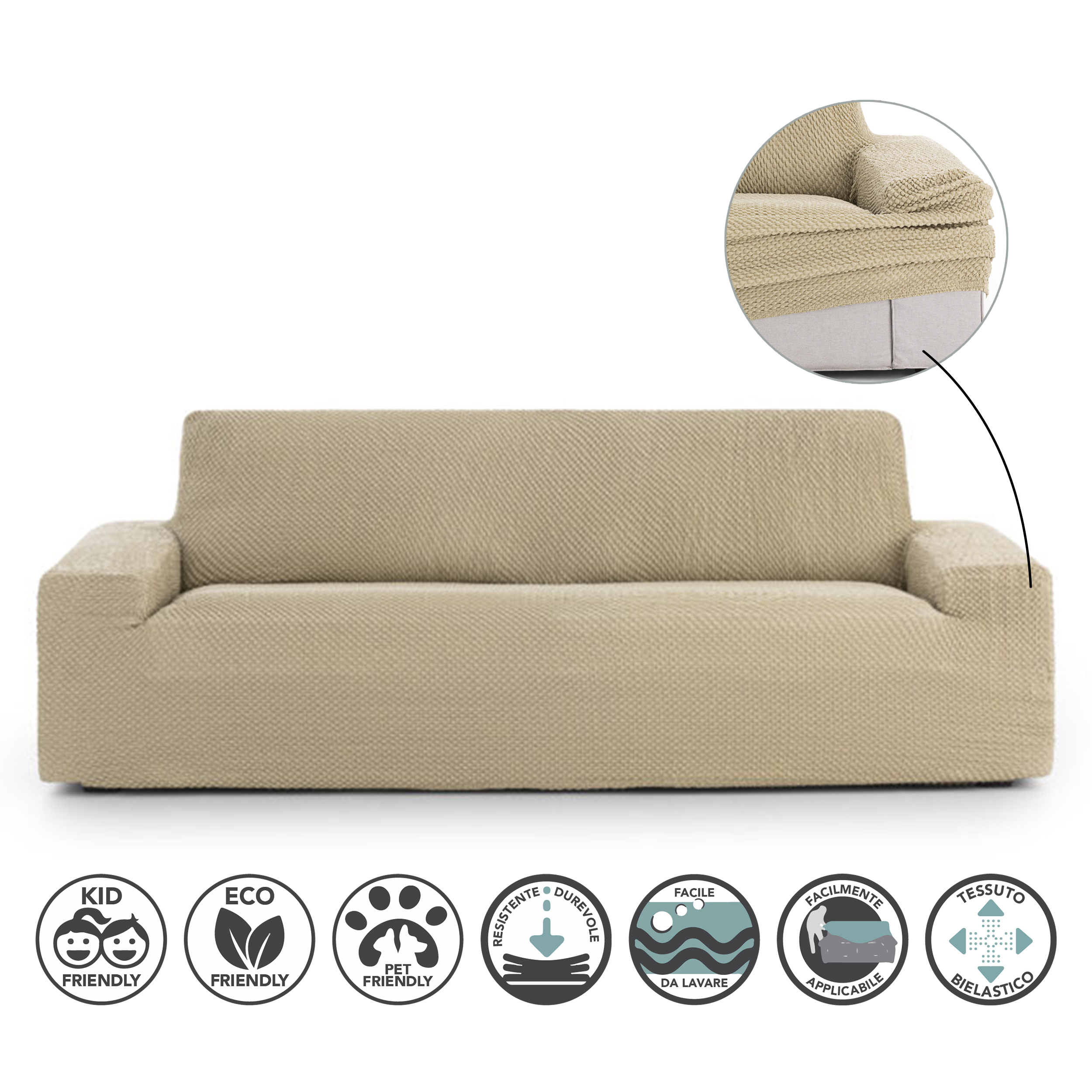Bi-elastic Embossed Sofa Cover Large Beige 3 Squares