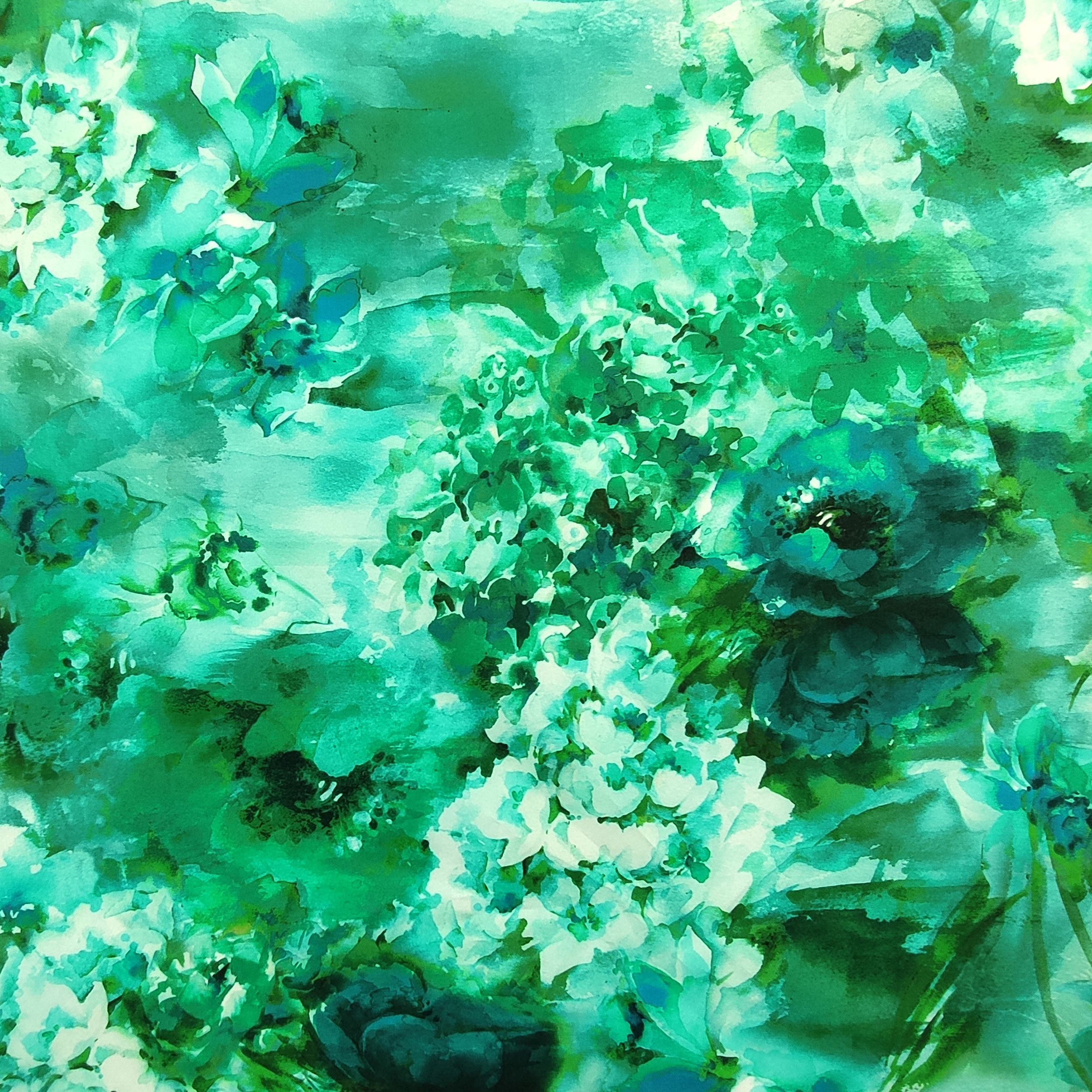 Stretch Cotton Painted Flower Pattern Green