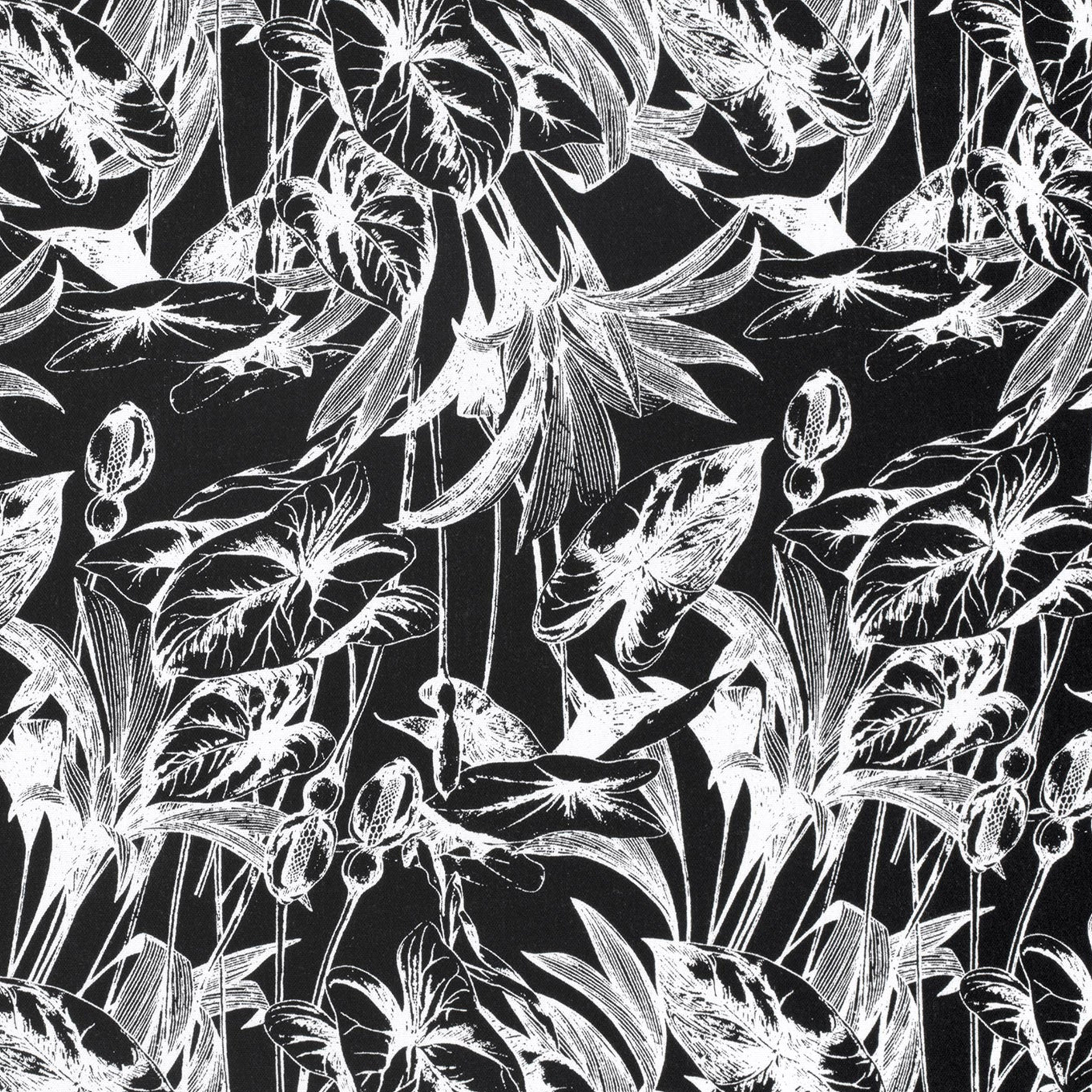Mezcla de lino con hojas tropicales en blanco y negro