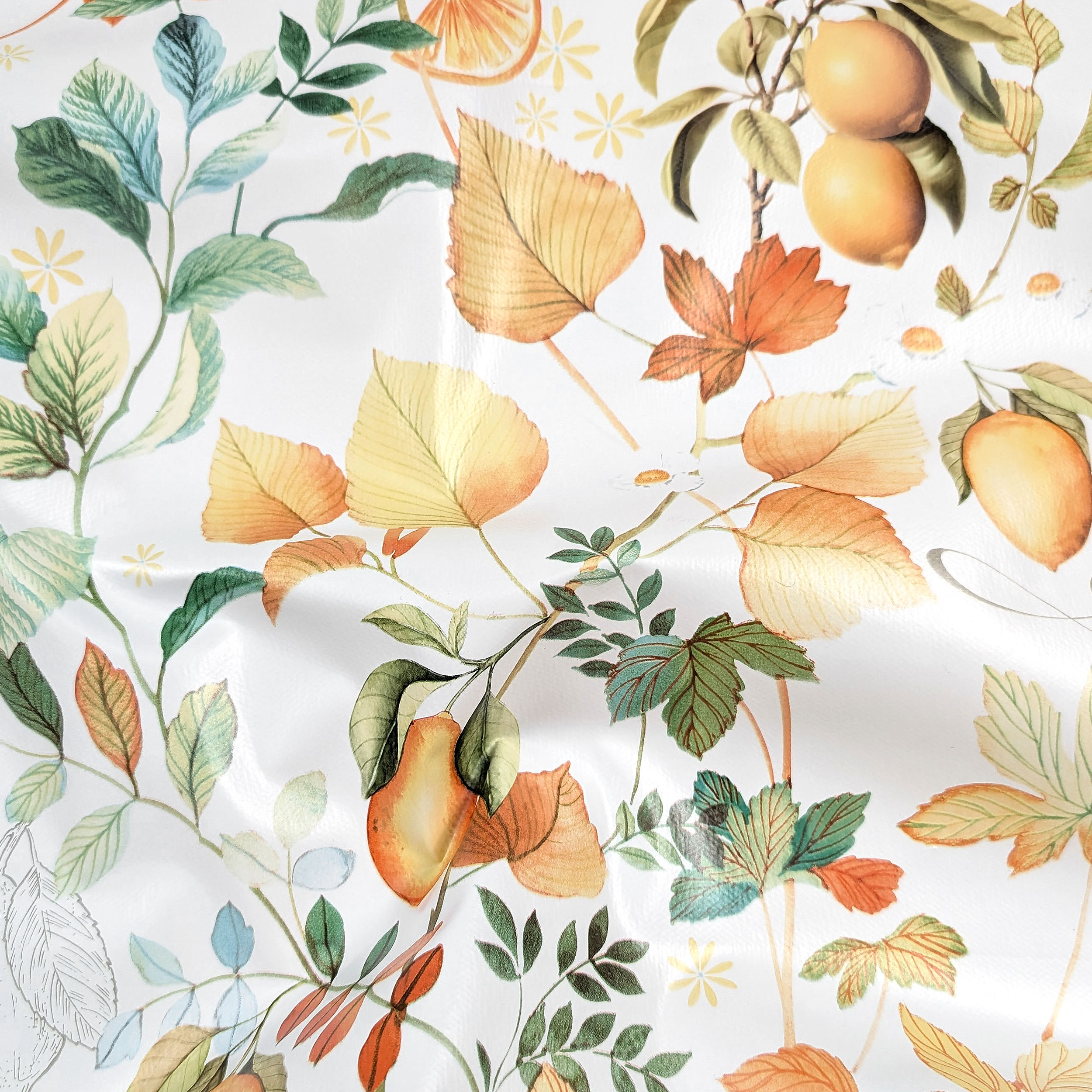 Fabric for Plastic-coated Tablecloth Lemons and Leaves Image