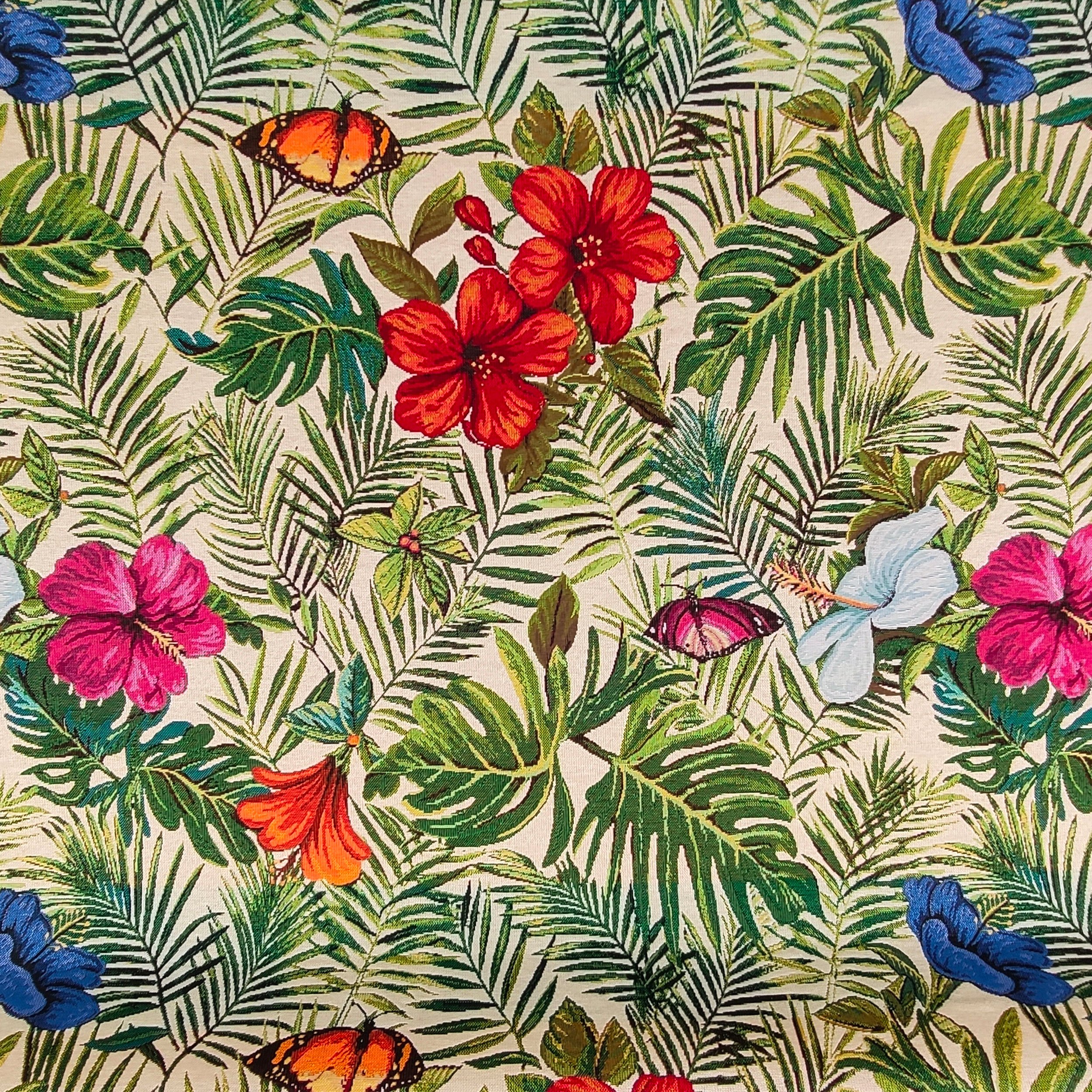 Tela de gobelino con estampado de flores tropicales