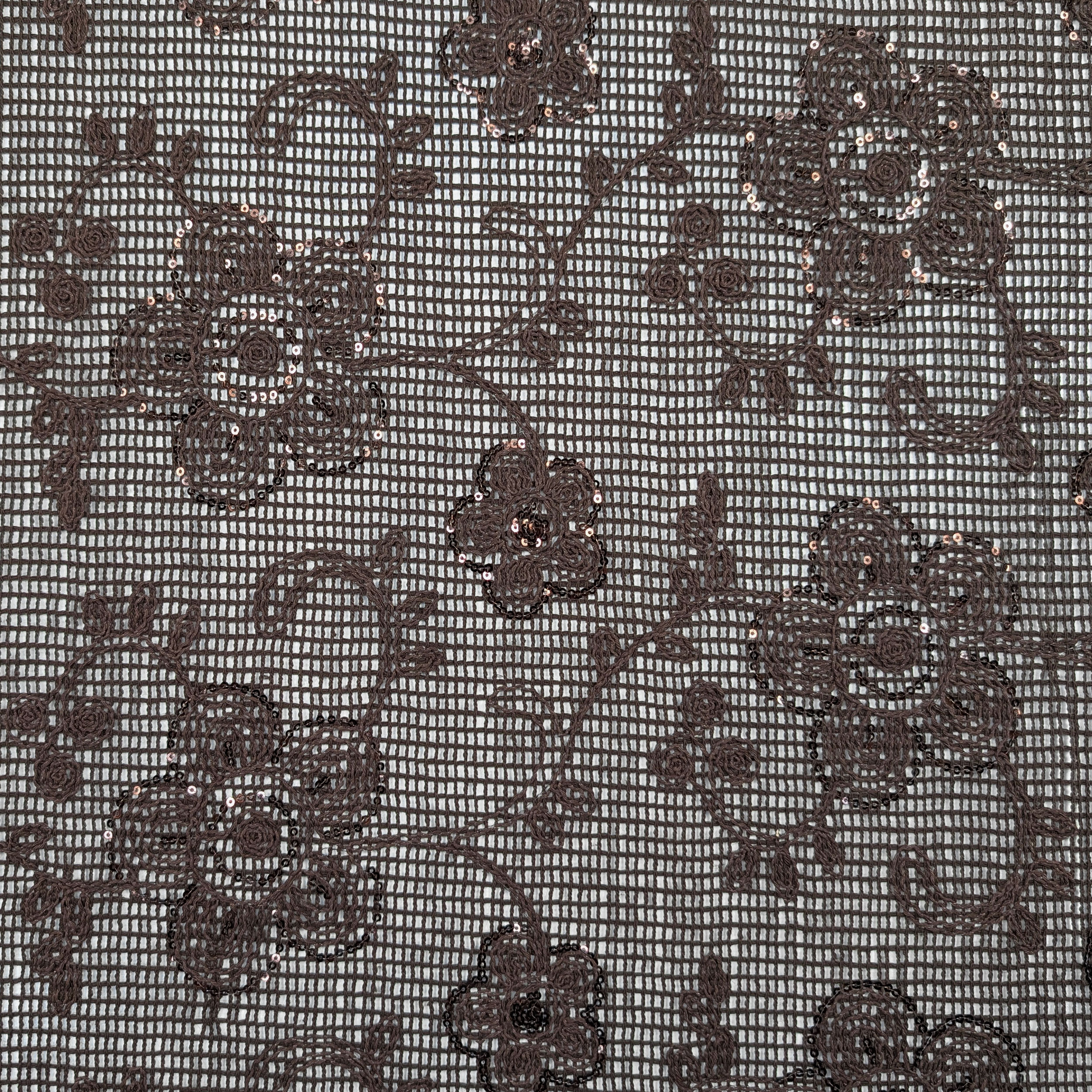 Embroidery On Mesh Brown Flowers With Sequins Image