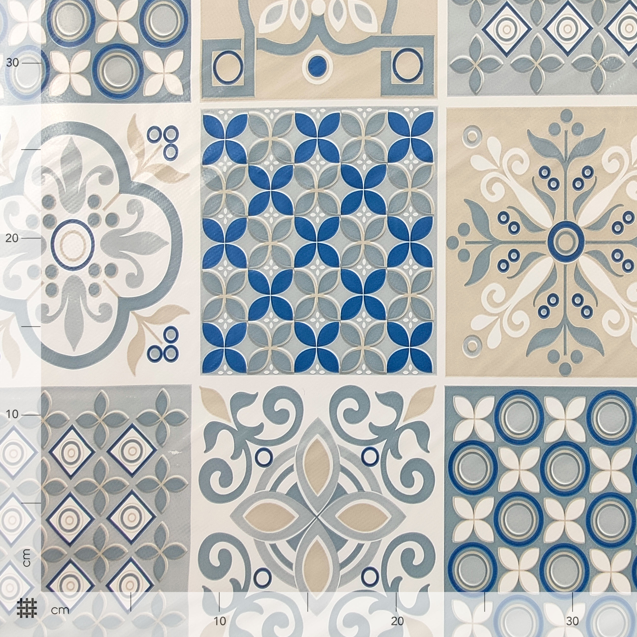 Plastic-coated Tablecloth Fabric Blue and Beige Floral Tiles Image