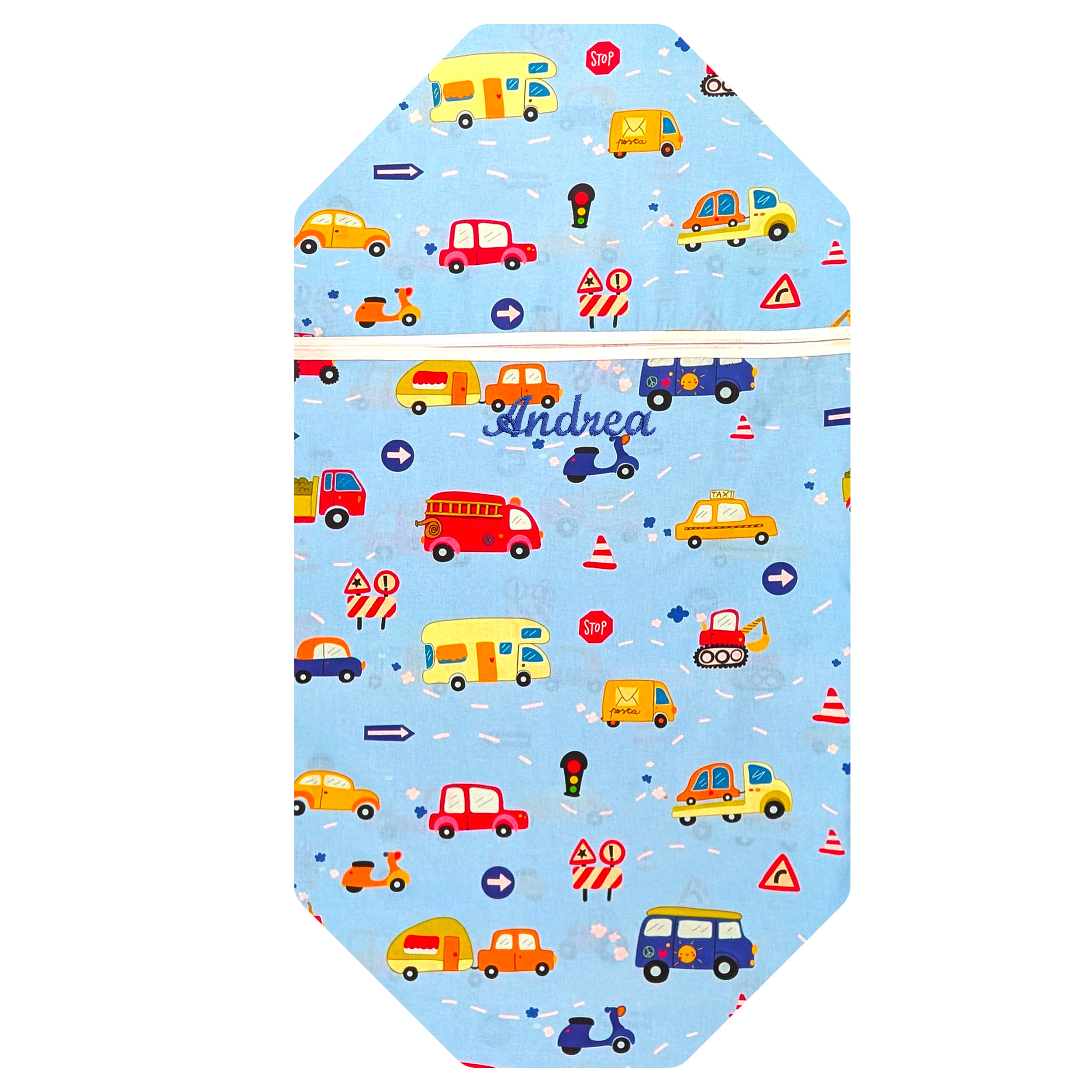 Contoured Summer Sleeping Bag for Camp Beds and Toy Cars – Light Blue Background Image