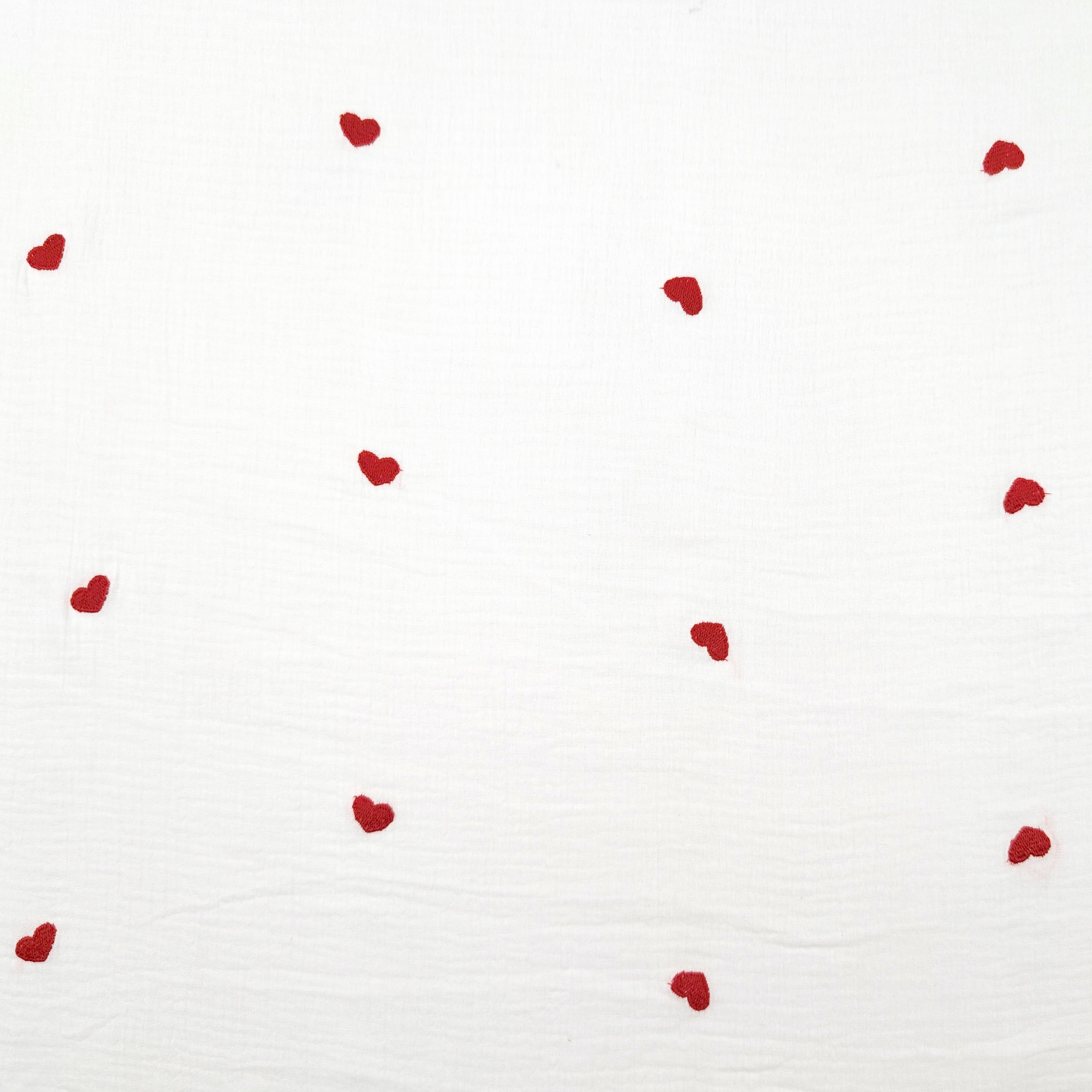 Double Gauze Cotton Muslin Red Embroidered Hearts Image