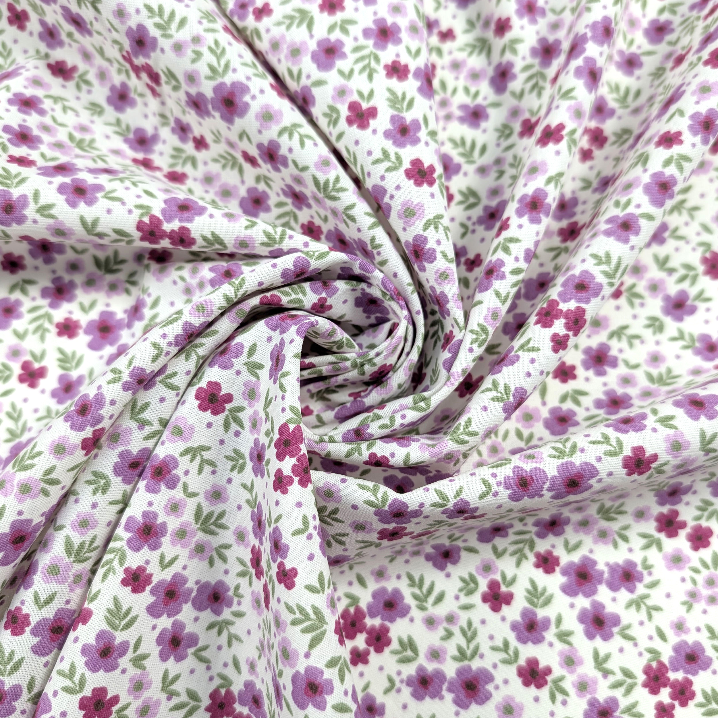 Poplin Cotton Flowers Lilac and Dark Fuxia