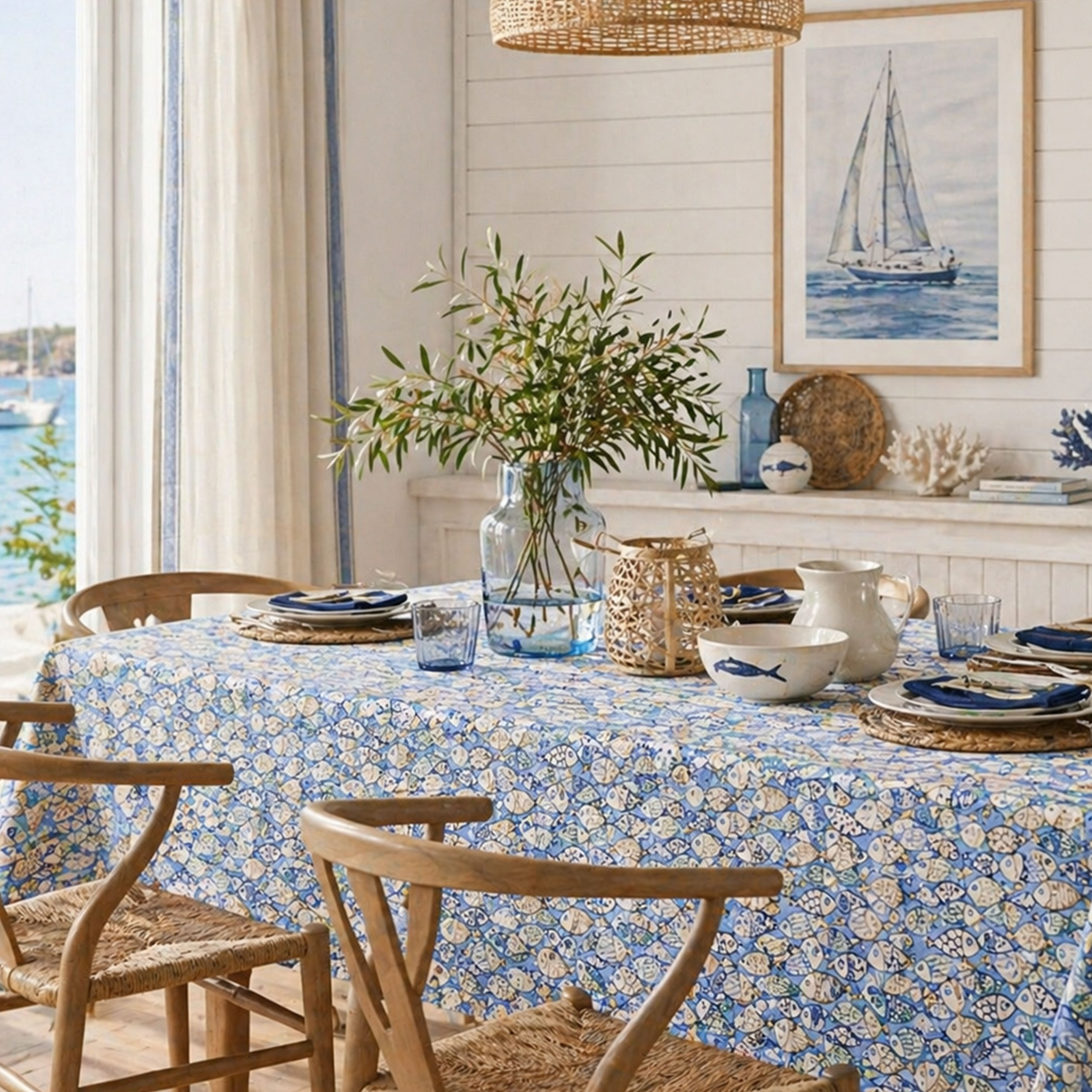 Enduite Tablecloth Fabric Stain-Free Fish Light Blue Image