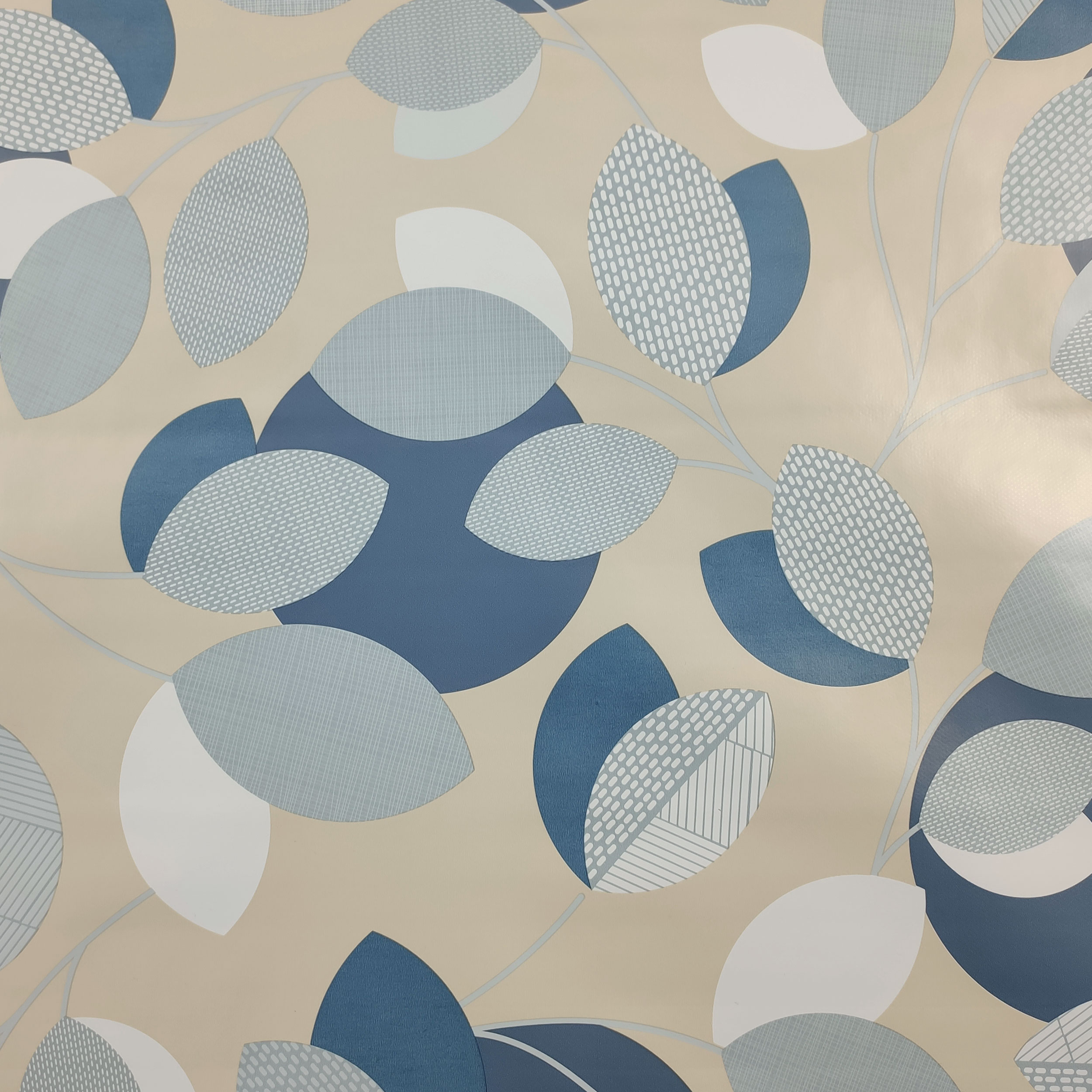 Fabric for Plastic-coated Tablecloth Light Blue Leaves