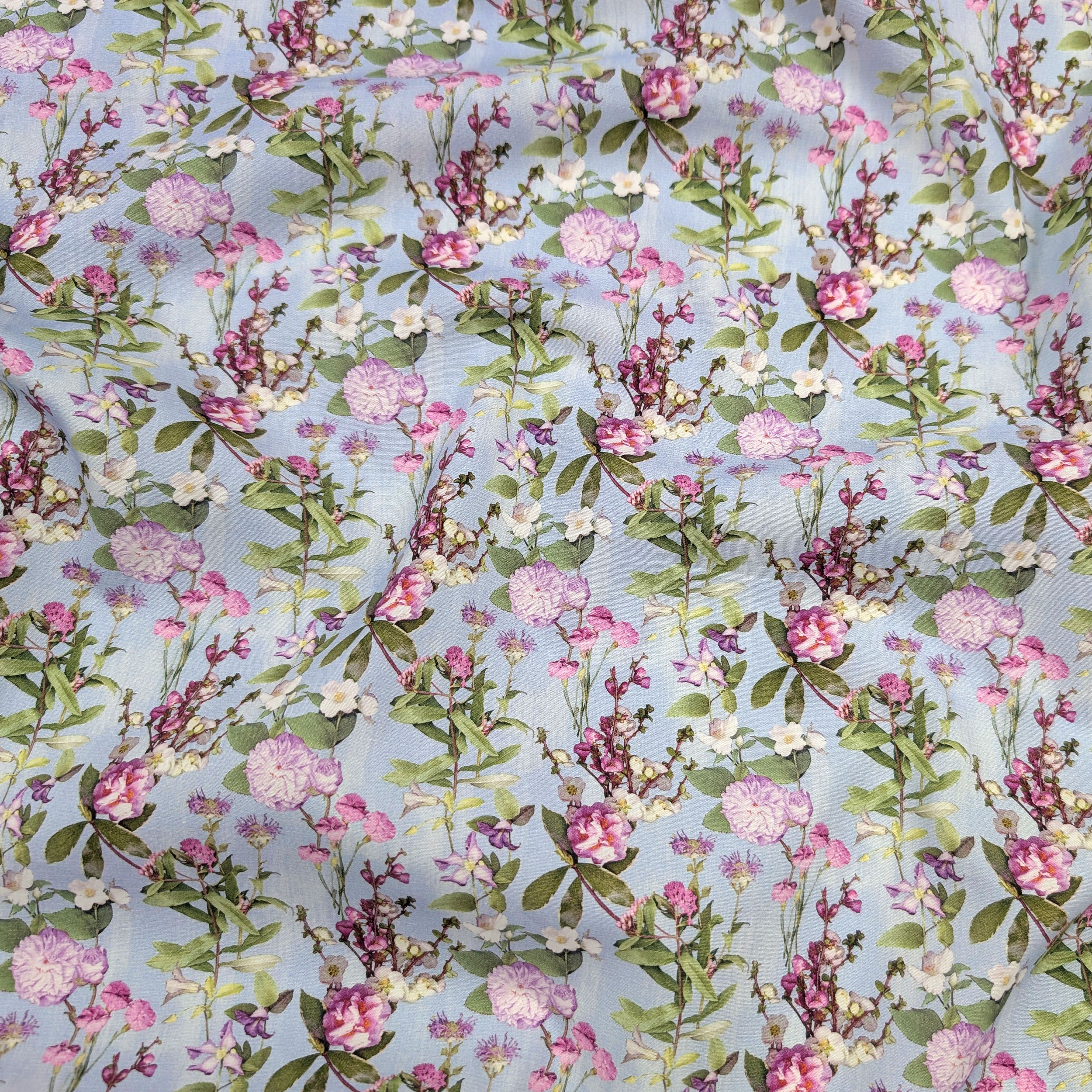 Poplin Cotton Floral Flowers Fuxia and Lilac Image