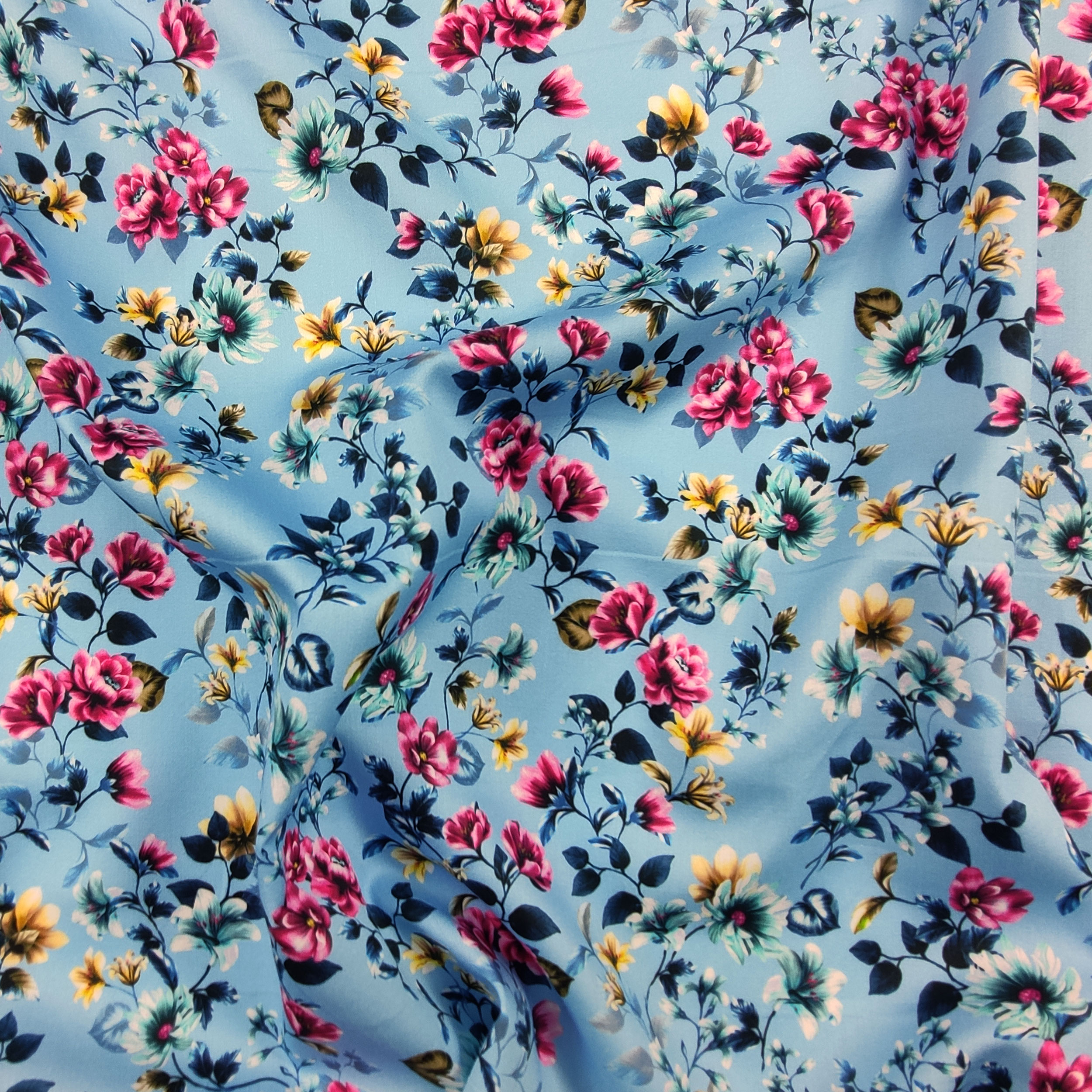 Cotton Rasatello Blue Background with Flowers