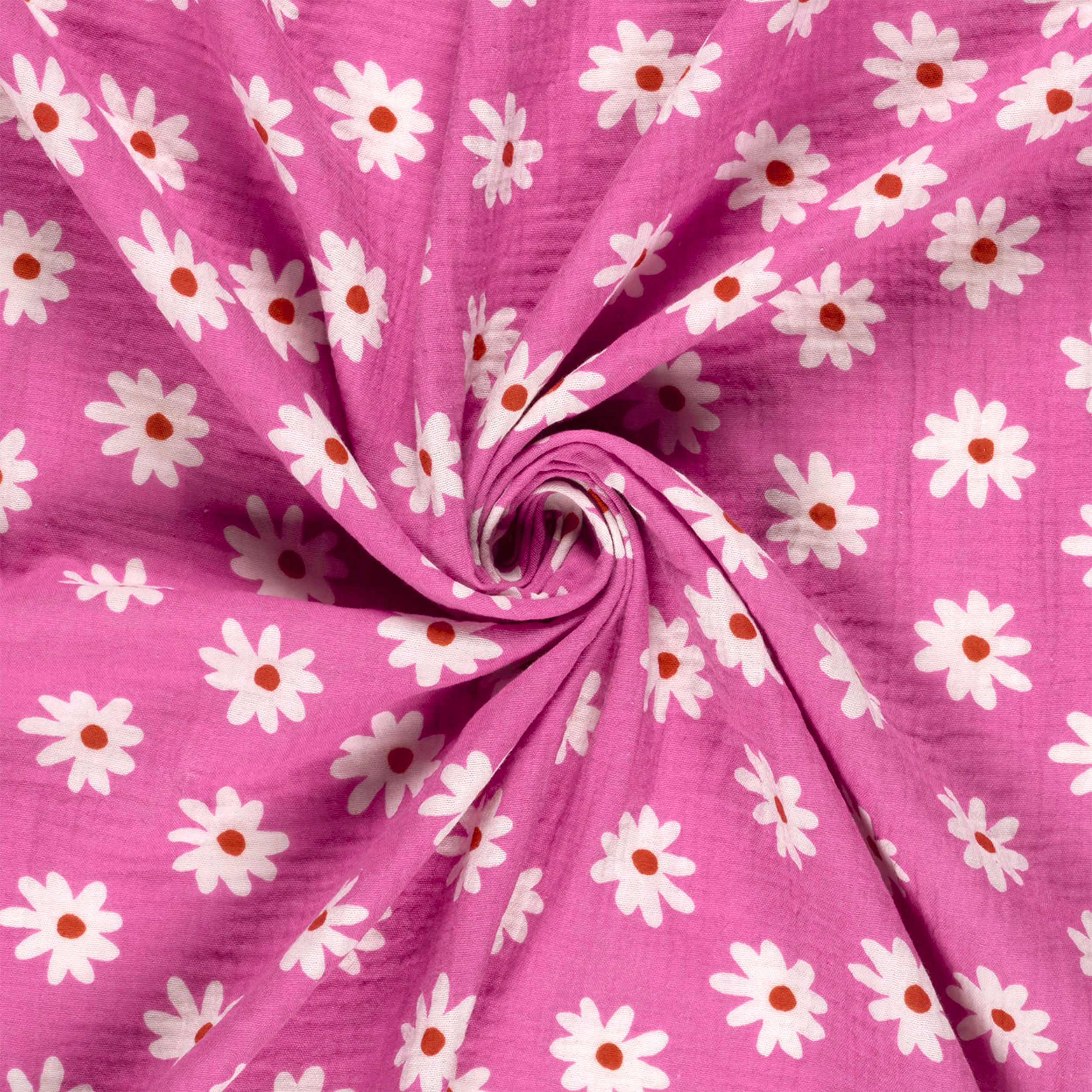 Muslin Cotton Daisies Fuxia Background Image
