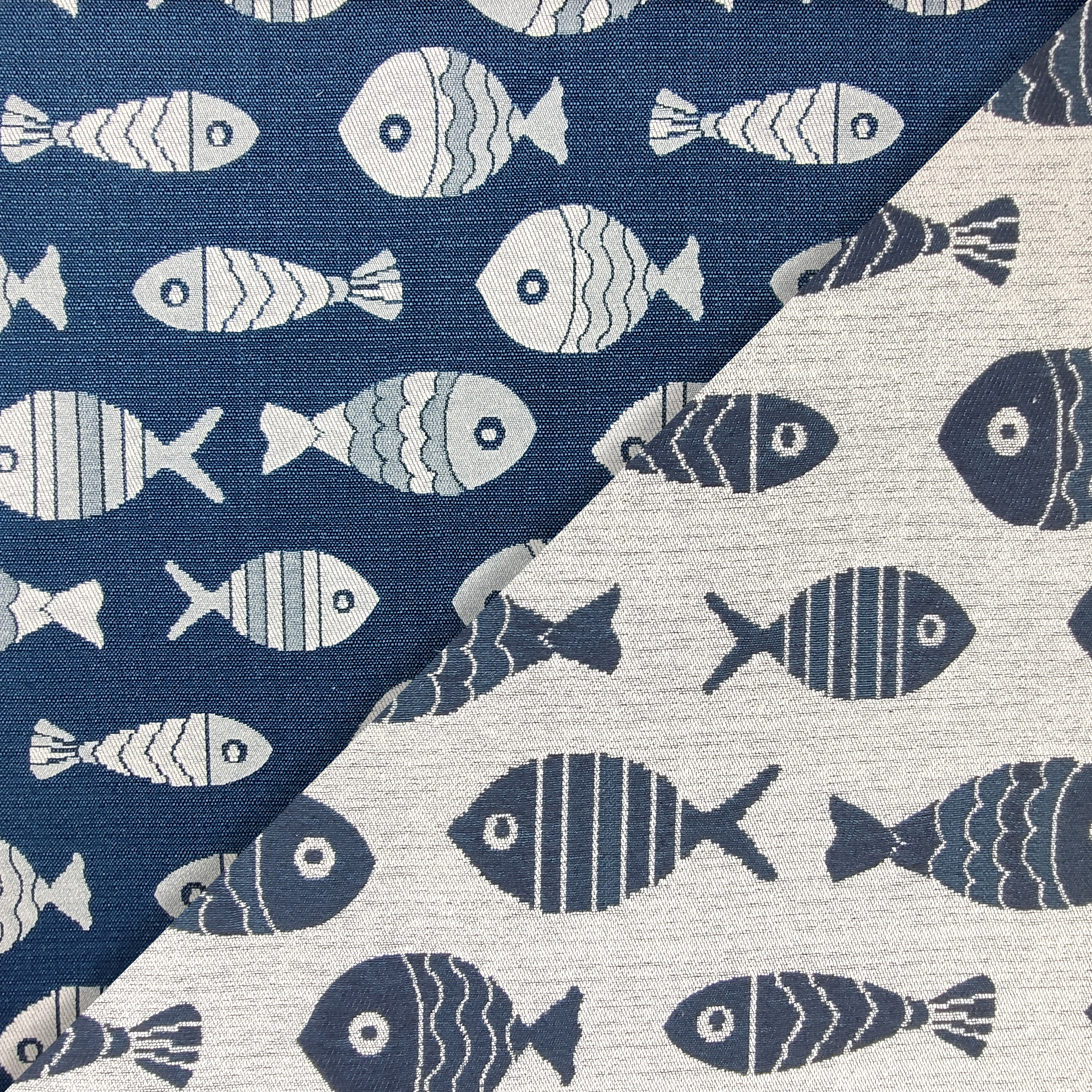 Upholstery Reversible Brocade - Grey, Blue Fishes
