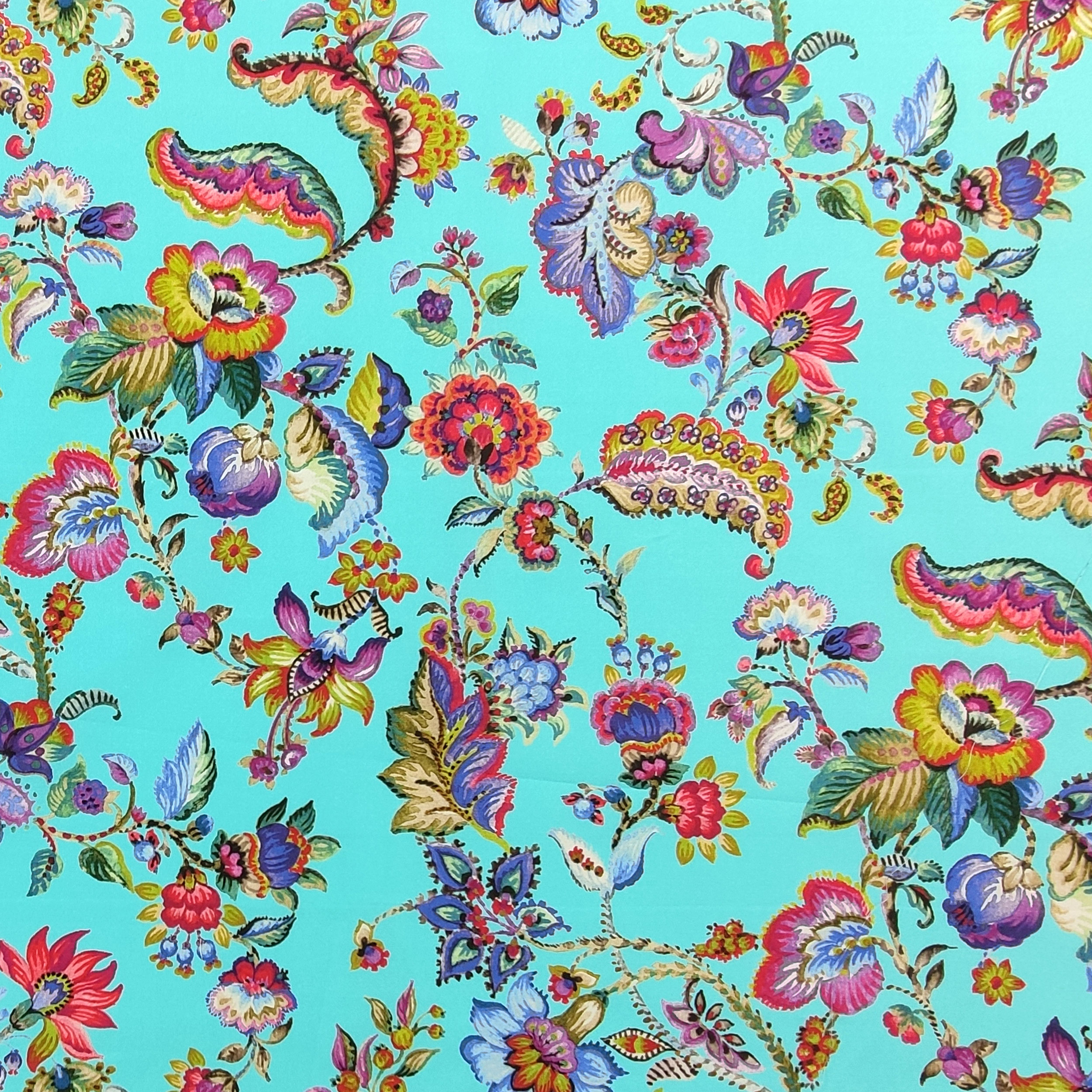 Stretch Cotton Cyan Background with Flowers