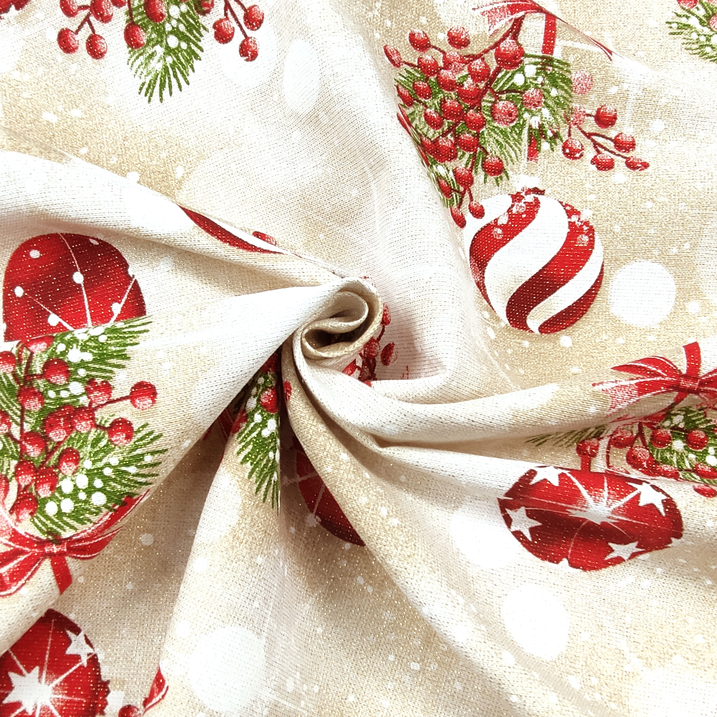 Tissu Lurex doré avec boules de Noël Image