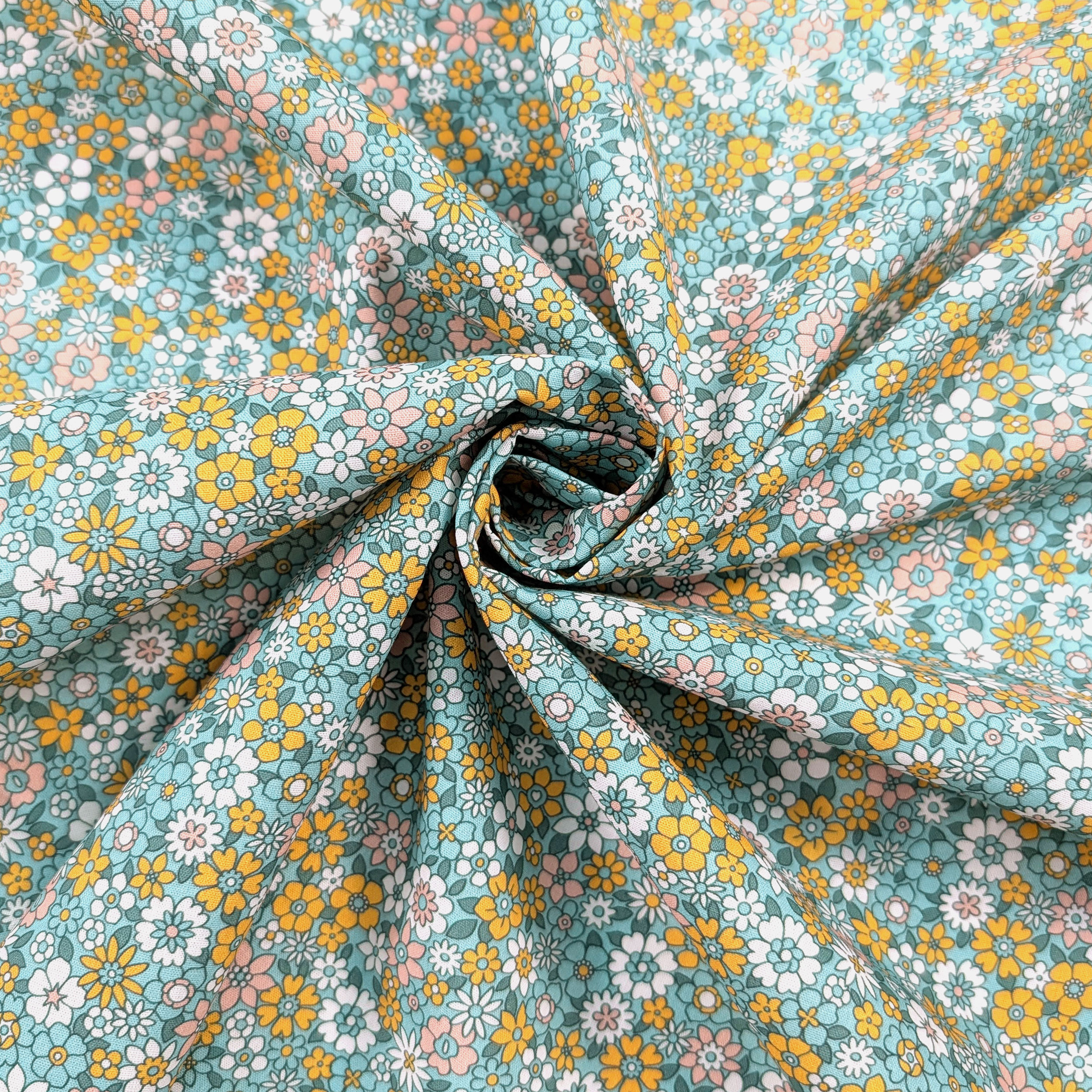 Poplin Cotton Yellow Flowers Green Background Image