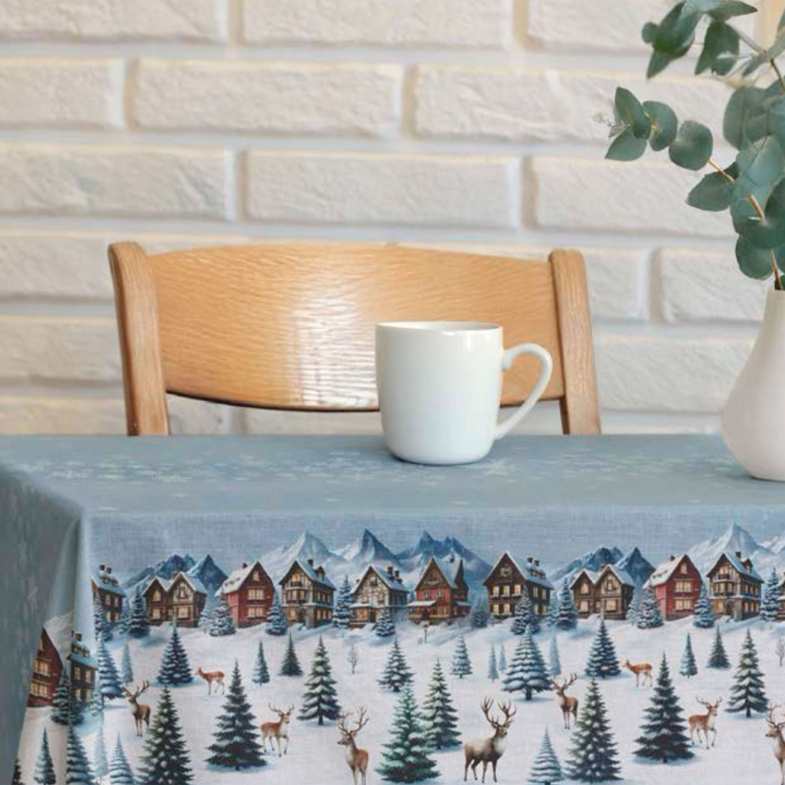 Resin Tablecloth Fabric with Snow Village Border Image