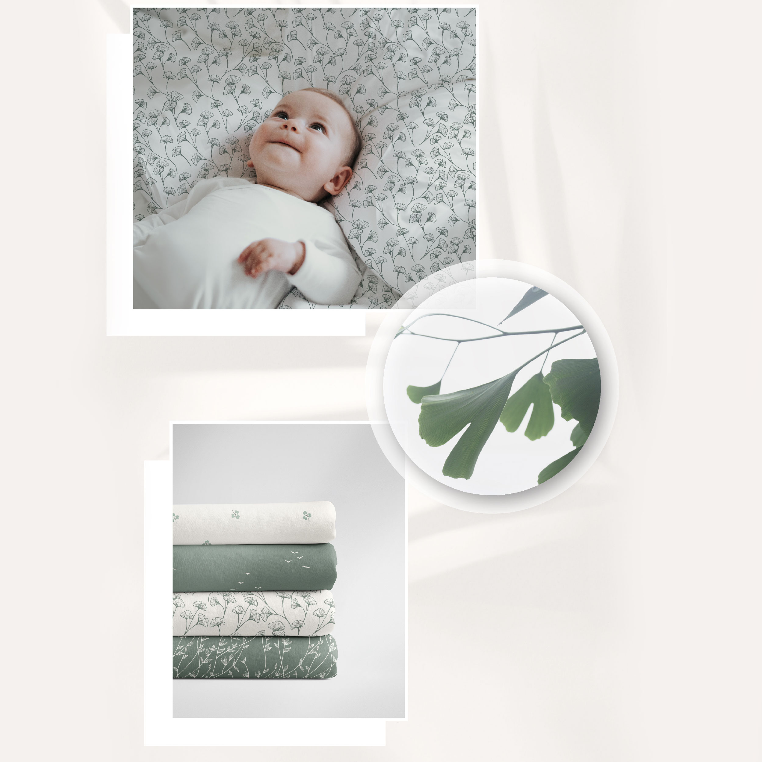 Sage Cotton Poplin with Branches and White Leaves