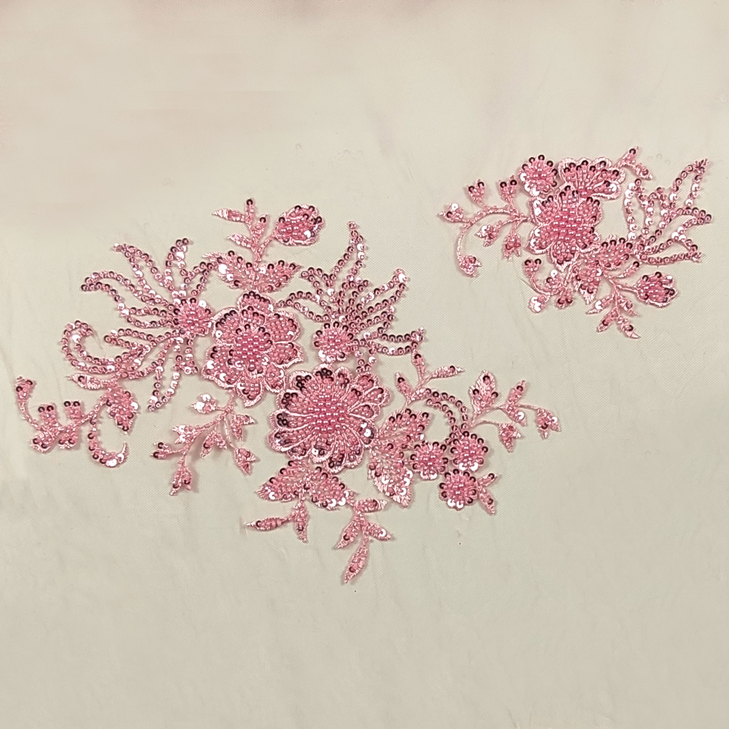 Floral Double Edge Beaded Tulle Lace - Pink 