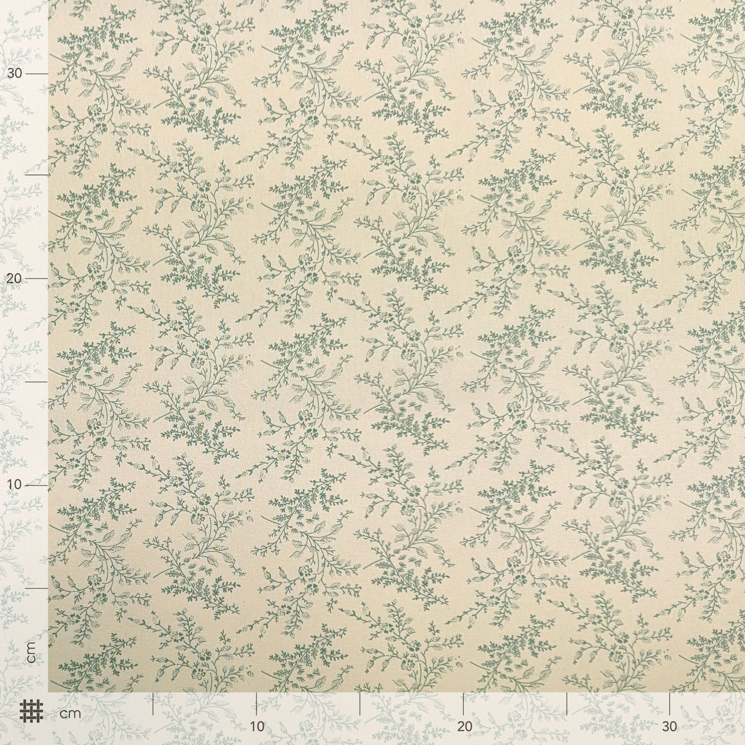 Vintage-print cotton poplin with green branches and flowers Image