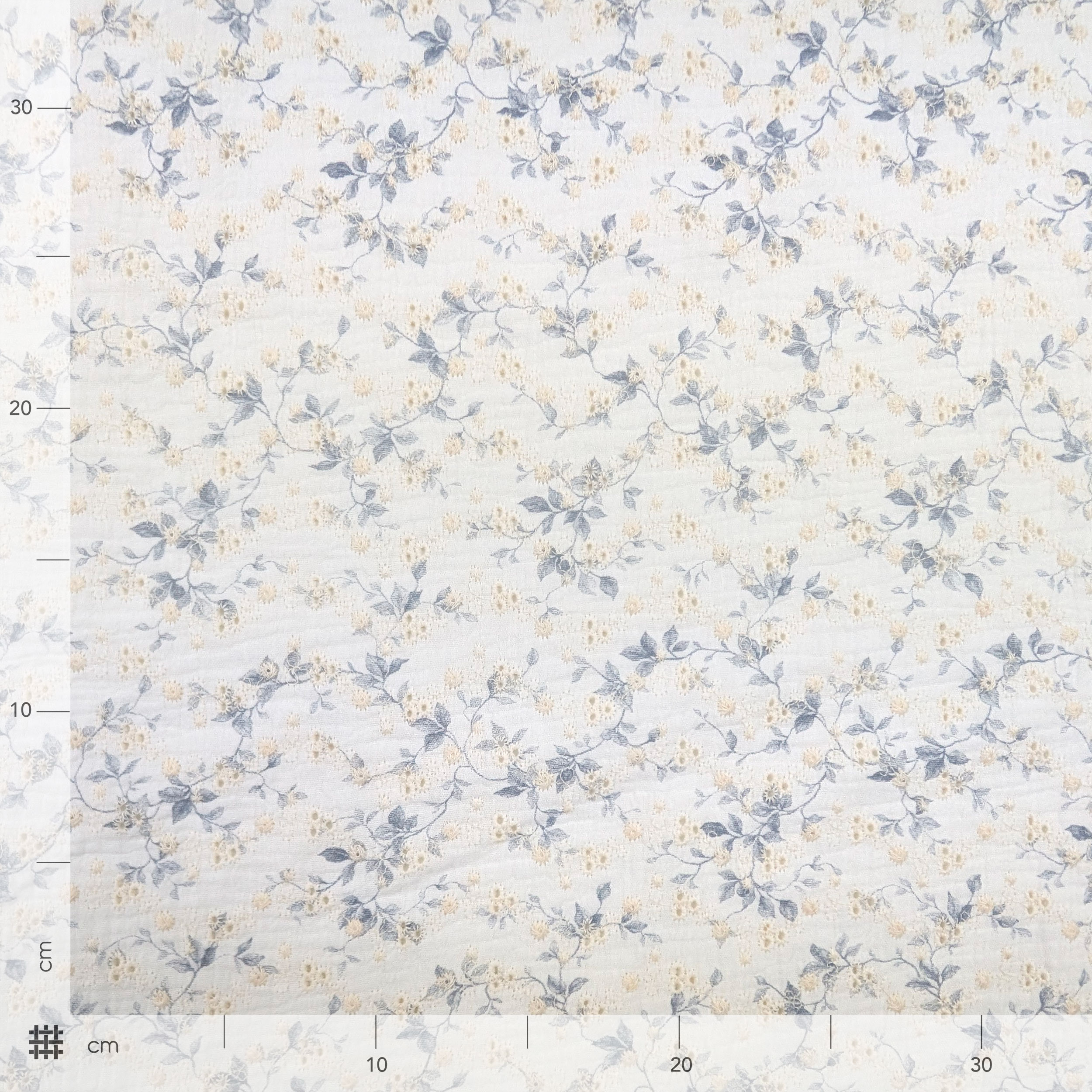 Sangallo Double Mousseline blanche Branches bleues et fleurs crème Image