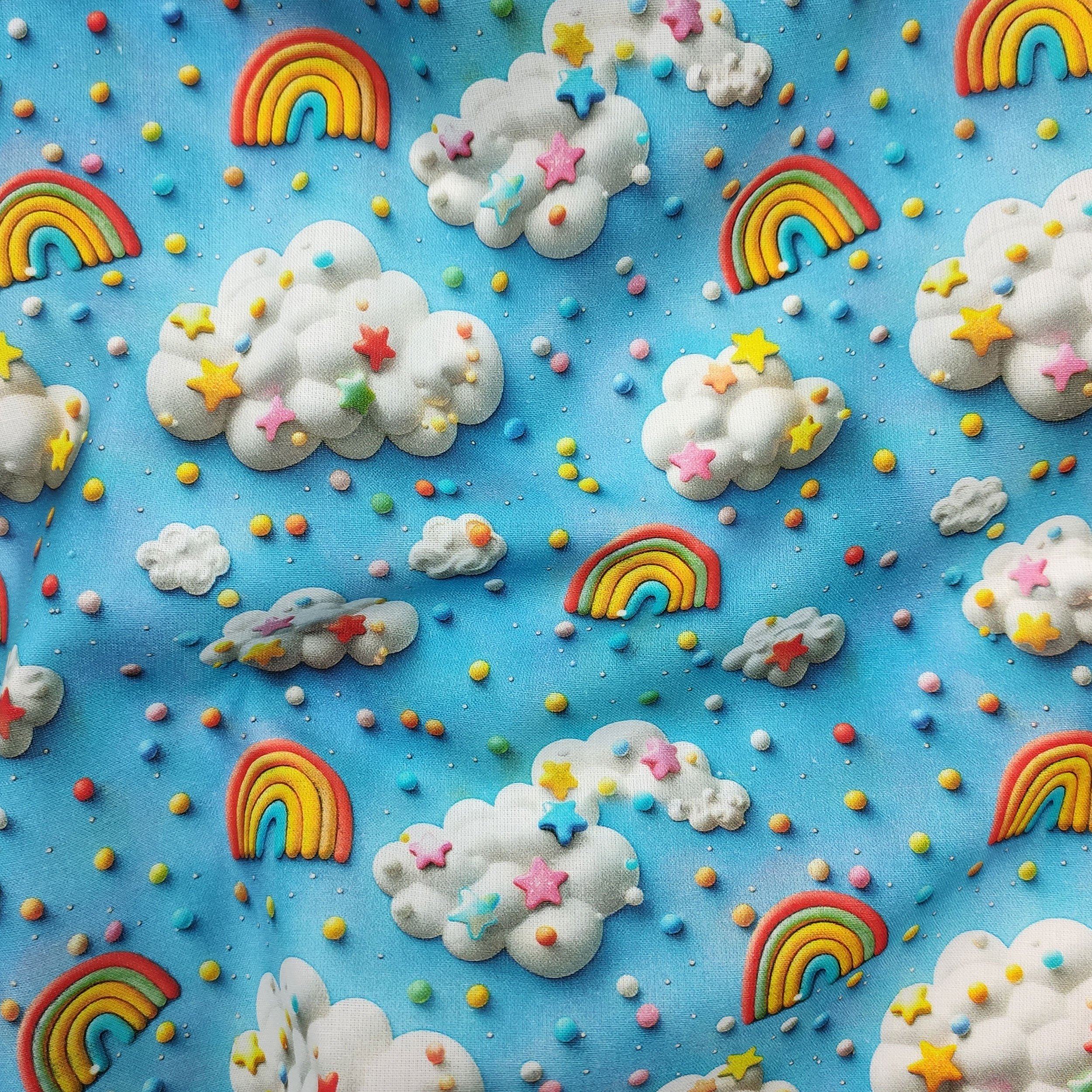 Cotton Digital Rainbows and Clouds Blue Background